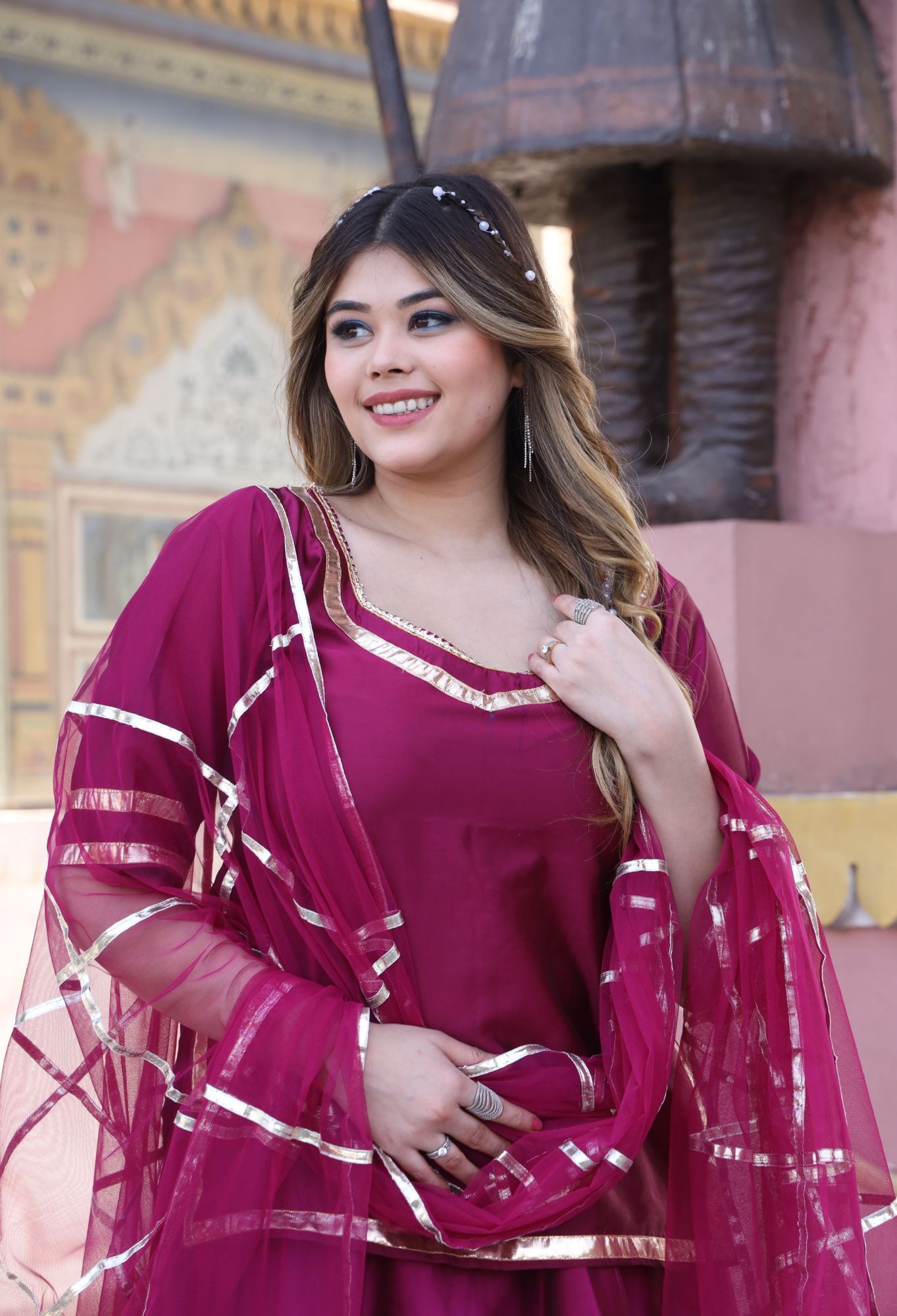 Wine Gota Work Lehenga Set