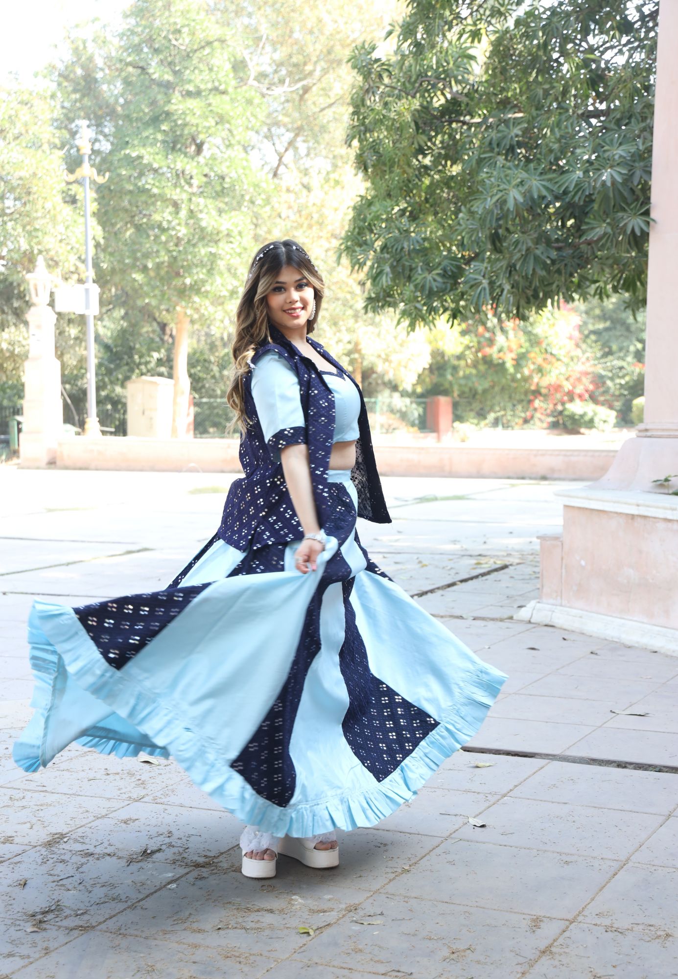 Blue Mirror Work Lehenga Set