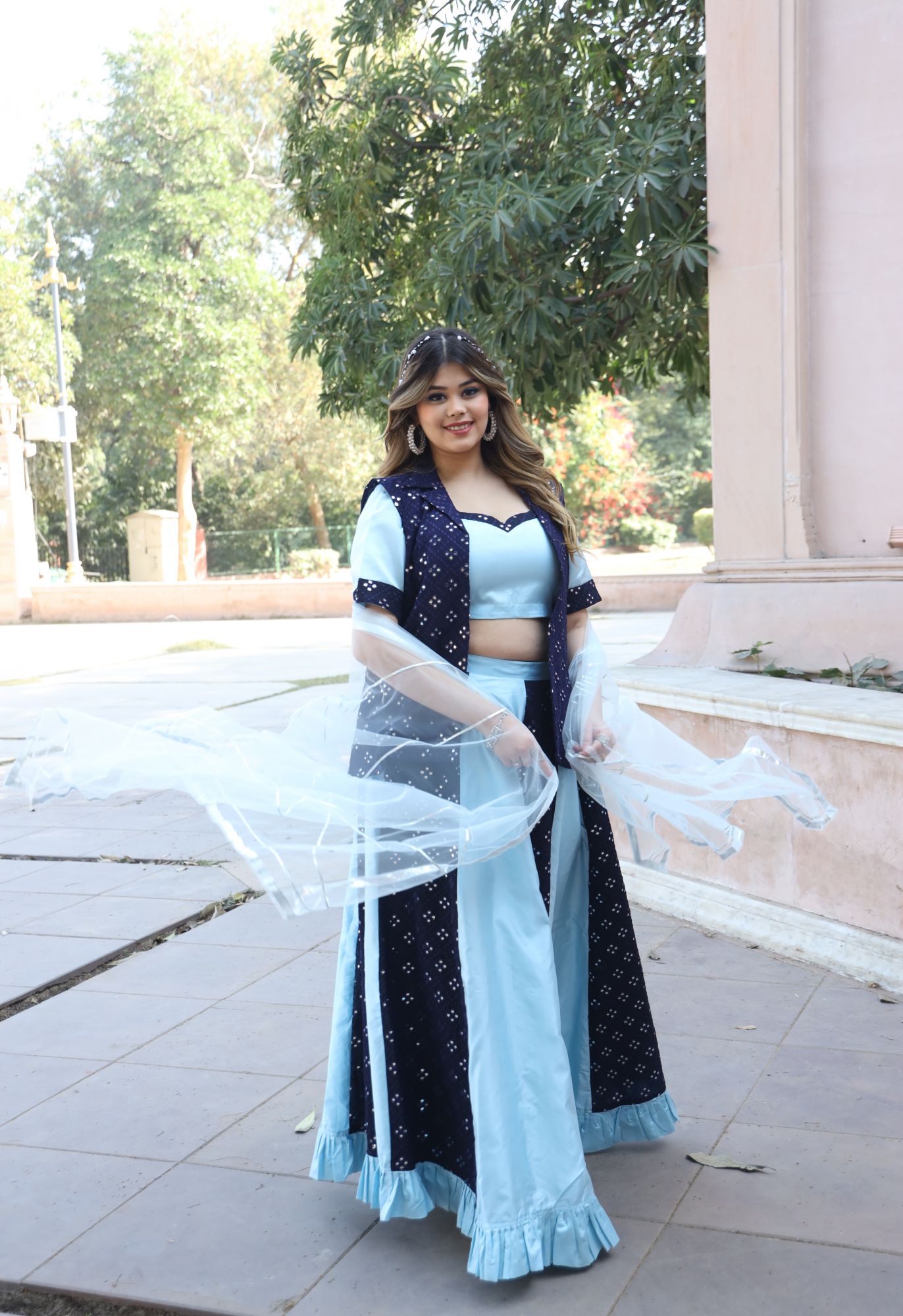 Blue Mirror Work Lehenga Set