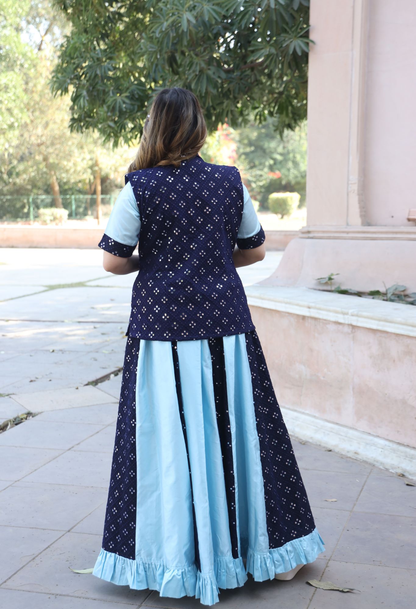 Blue Mirror Work Lehenga Set