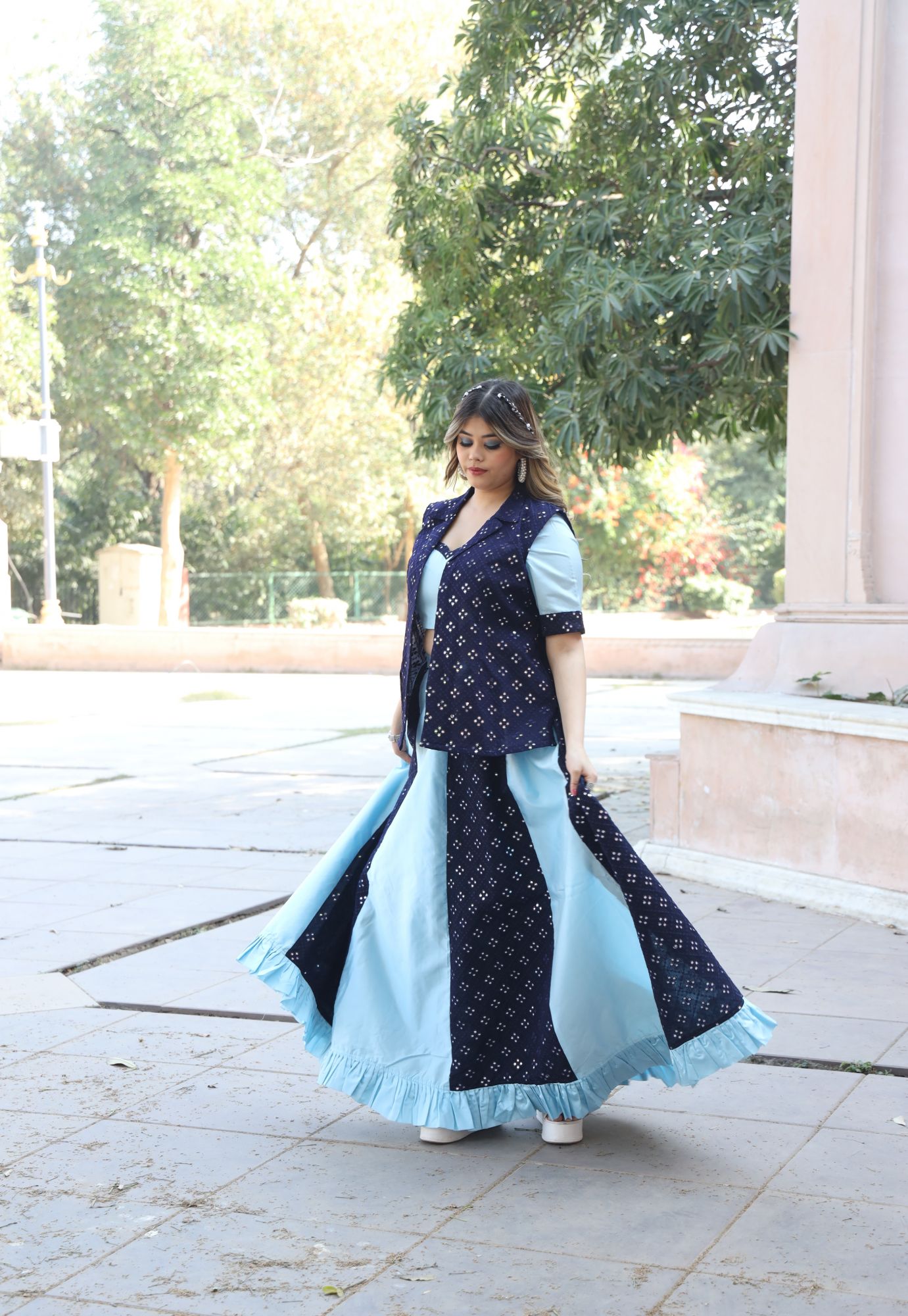 Blue Mirror Work Lehenga Set