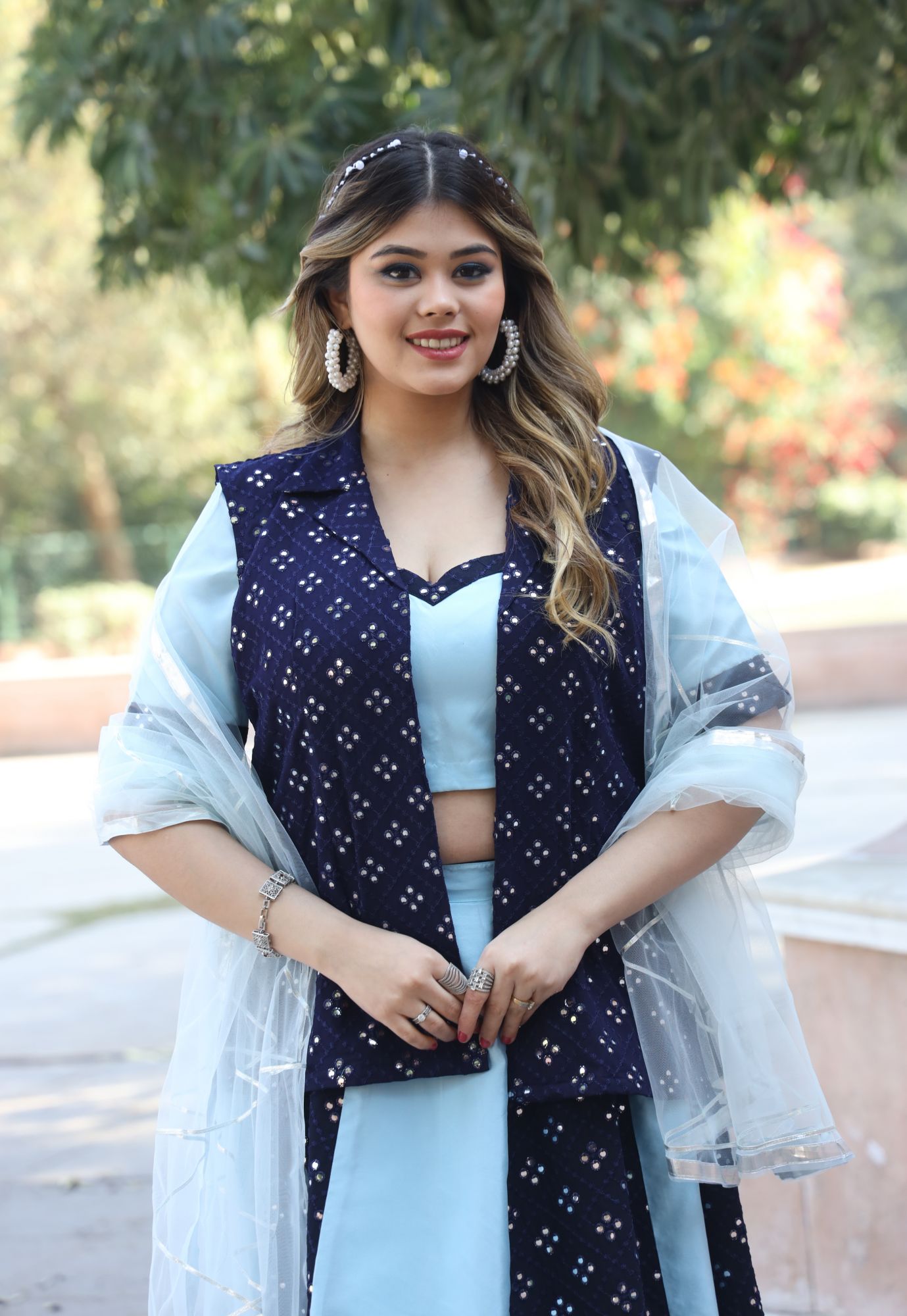 Blue Mirror Work Lehenga Set