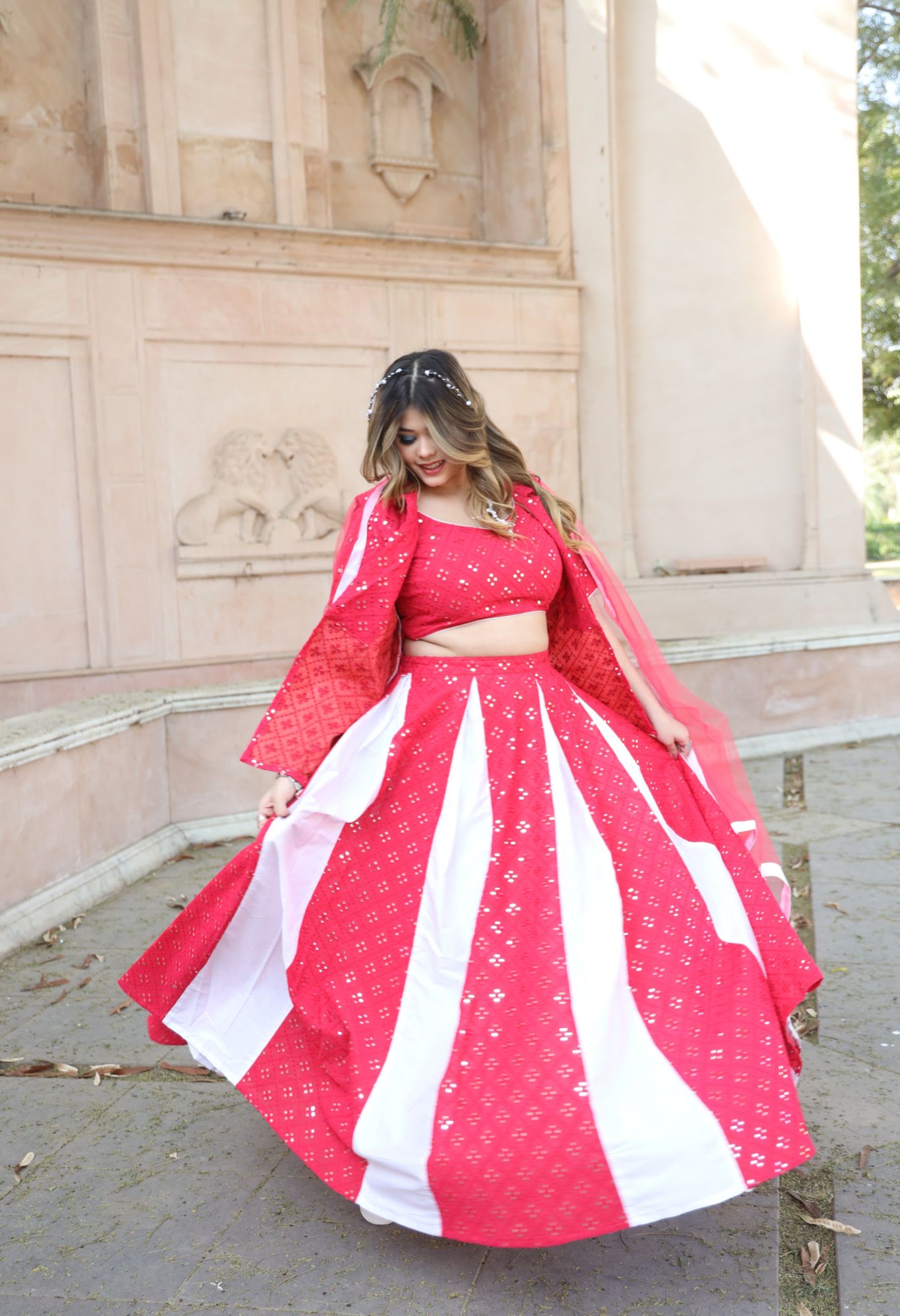 Pink And White Mirror Work Lehenga Set
