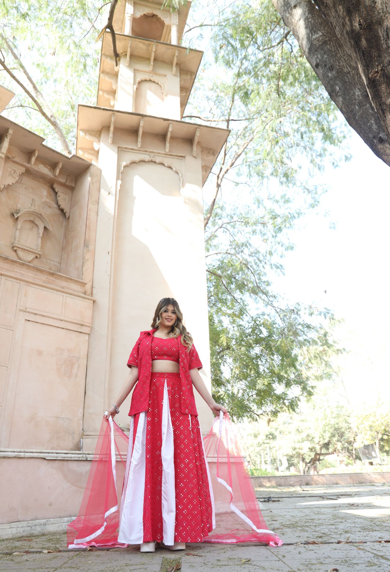 Pink And White Mirror Work Lehenga Set