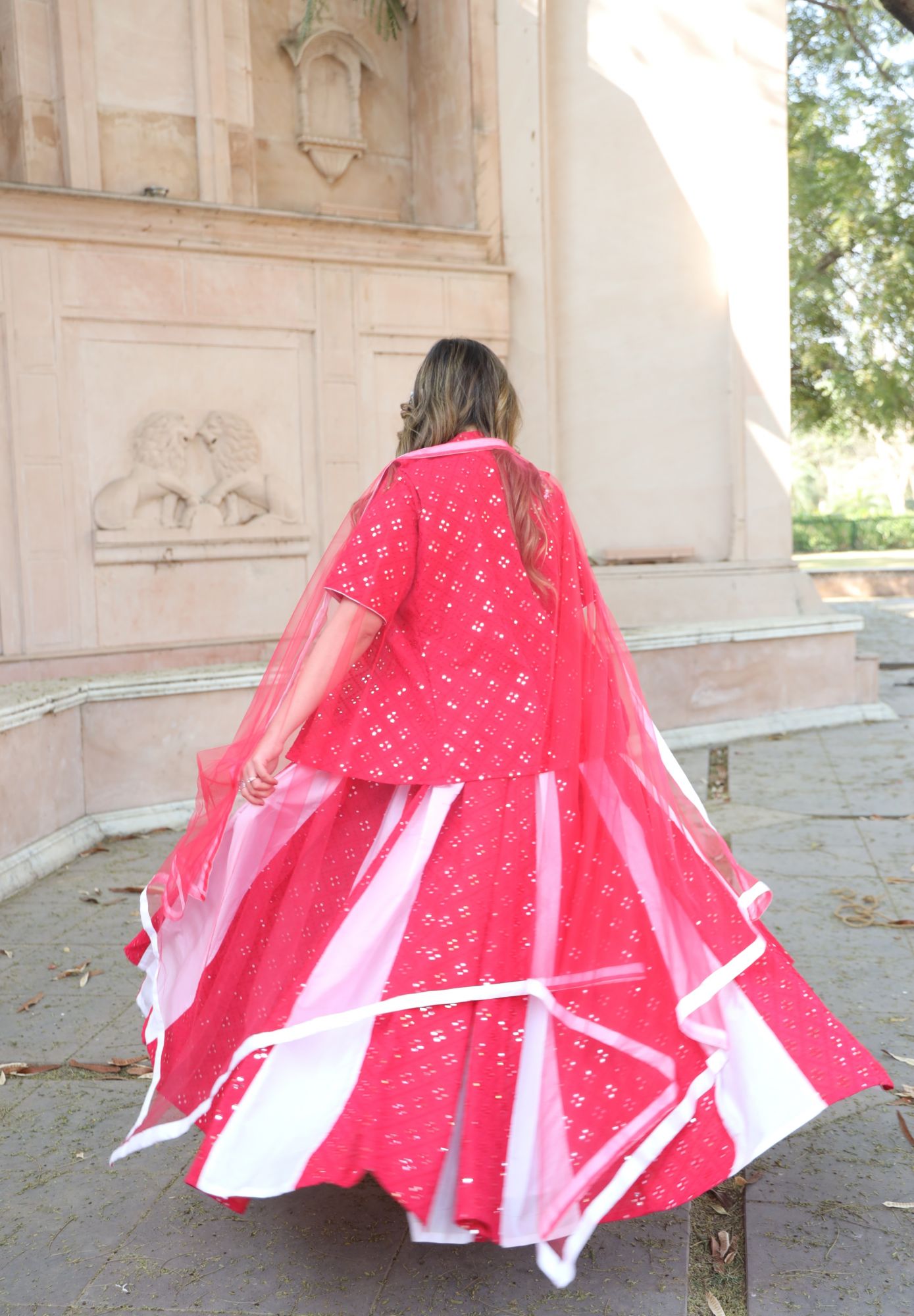 Pink And White Mirror Work Lehenga Set