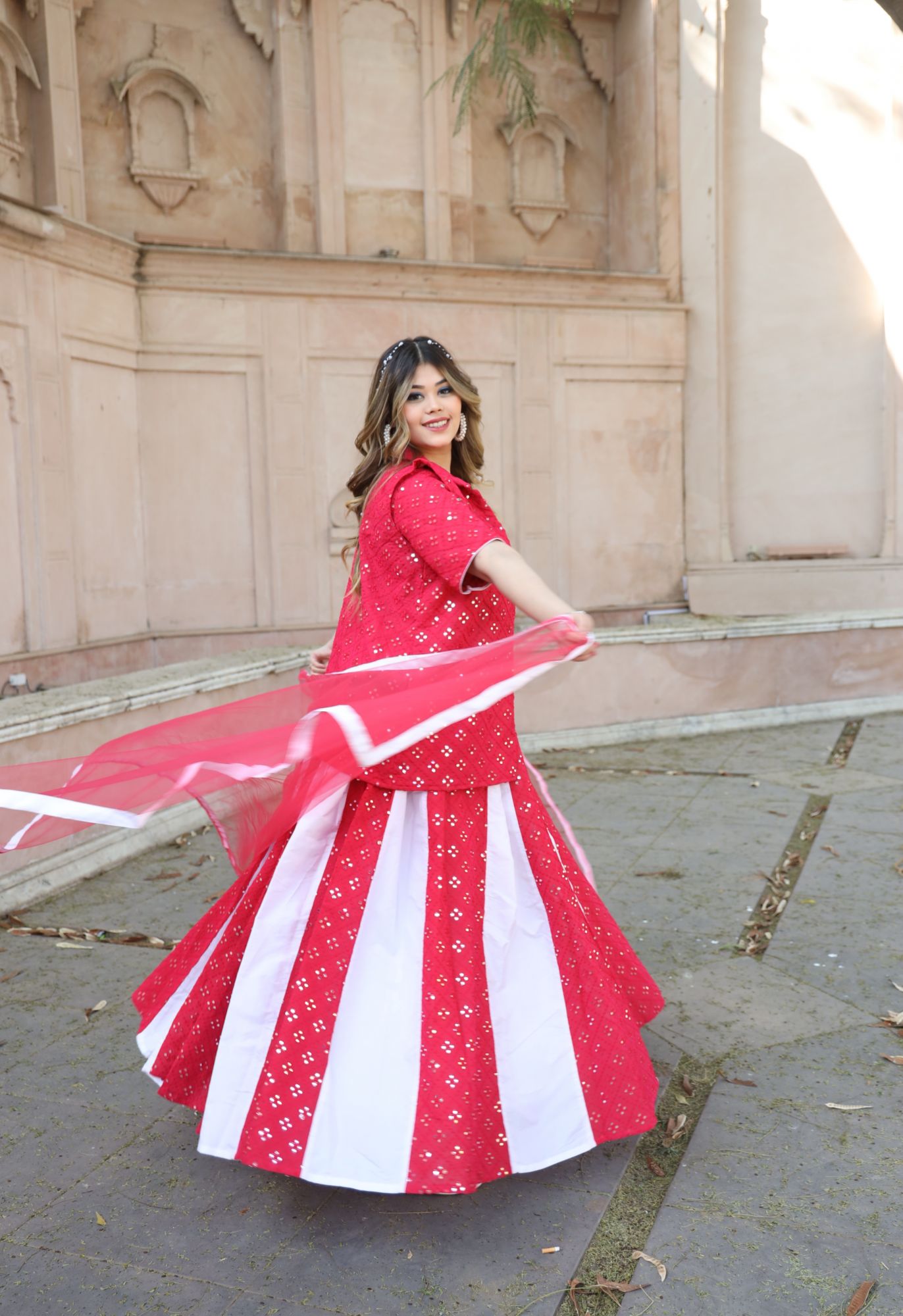 Pink And White Mirror Work Lehenga Set