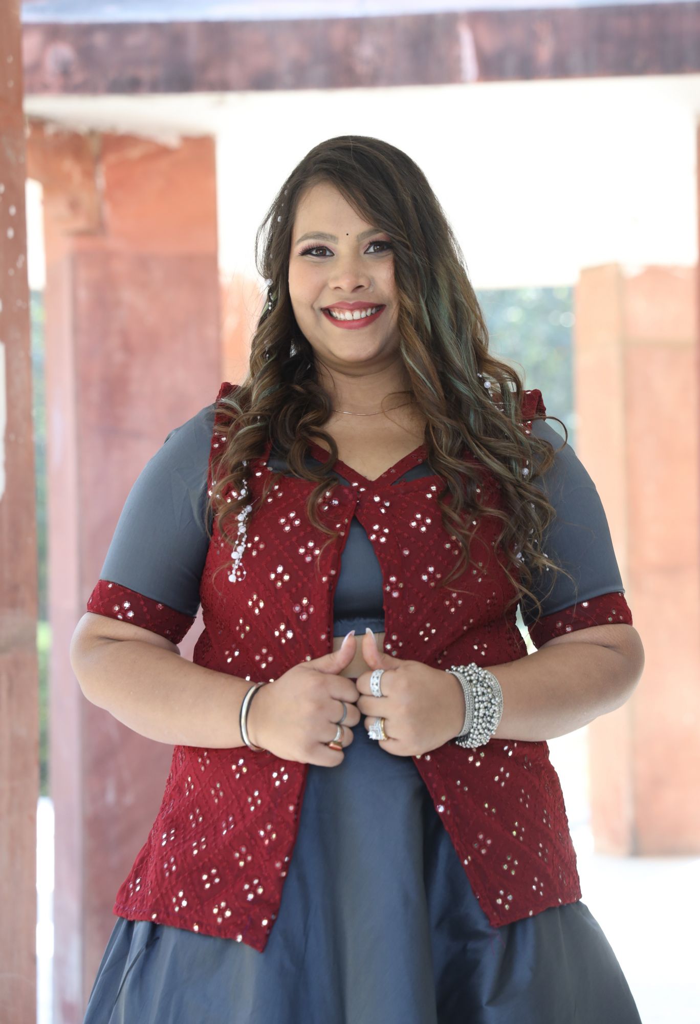 Grey And Maroon Mirror Work Lehenga Set