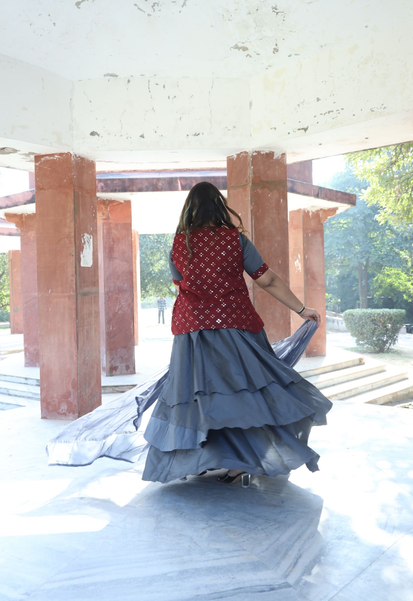 Grey And Maroon Mirror Work Lehenga Set