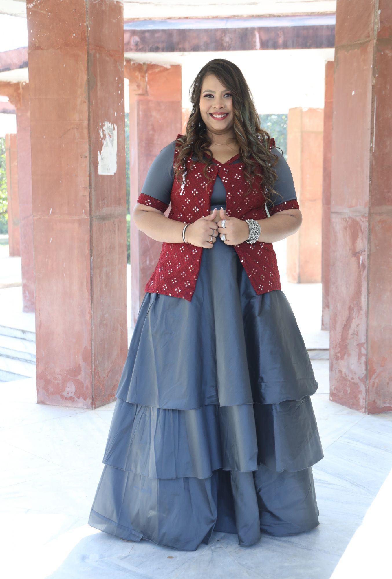 Grey And Maroon Mirror Work Lehenga Set