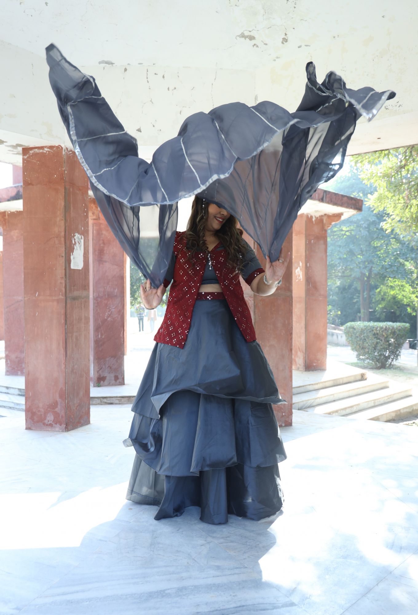 Grey And Maroon Mirror Work Lehenga Set