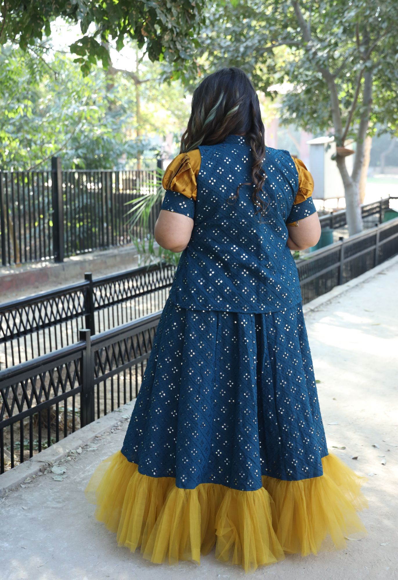 Mustard and Teal Mirror Work Lehenga Set
