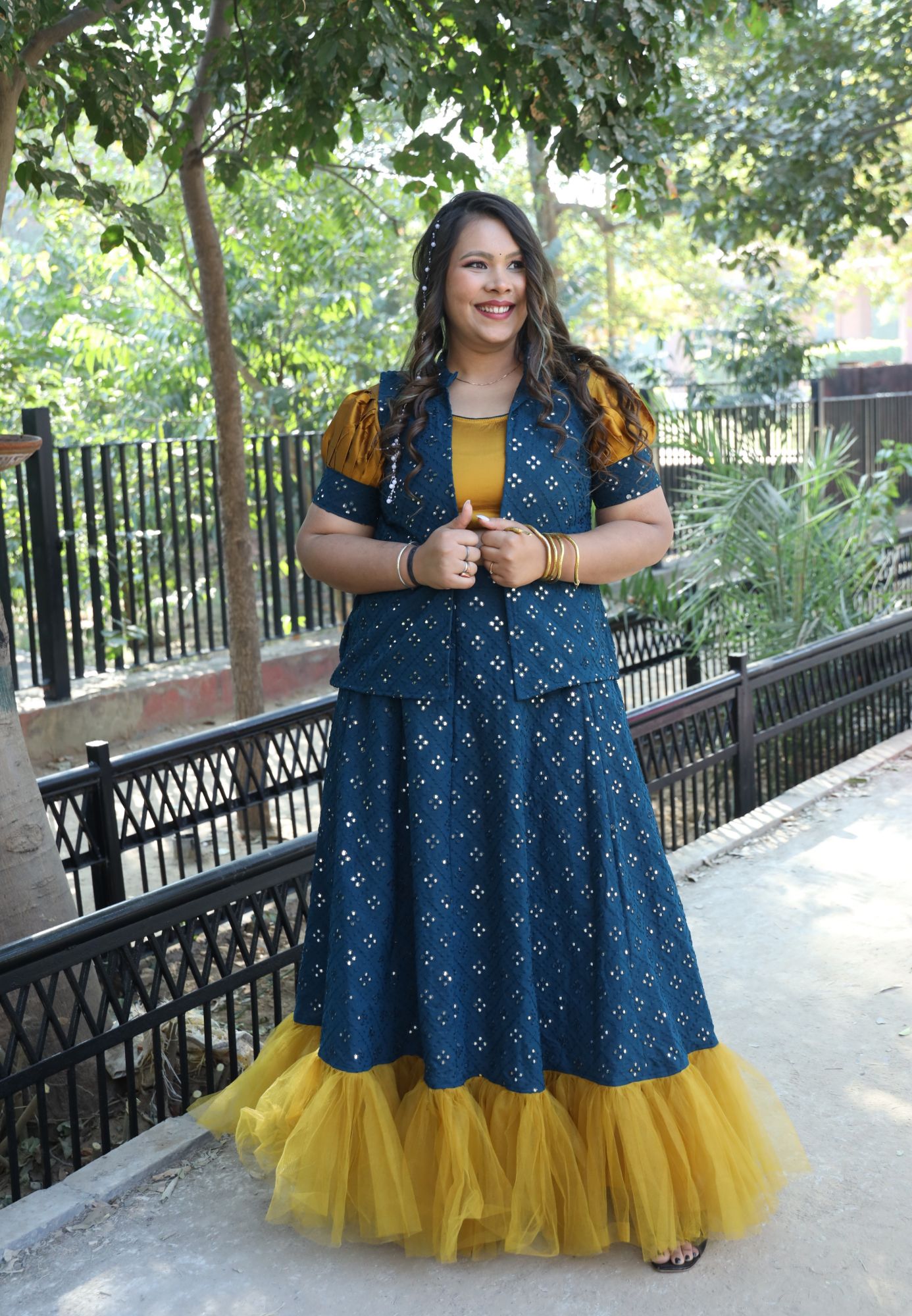 Mustard and Teal Mirror Work Lehenga Set