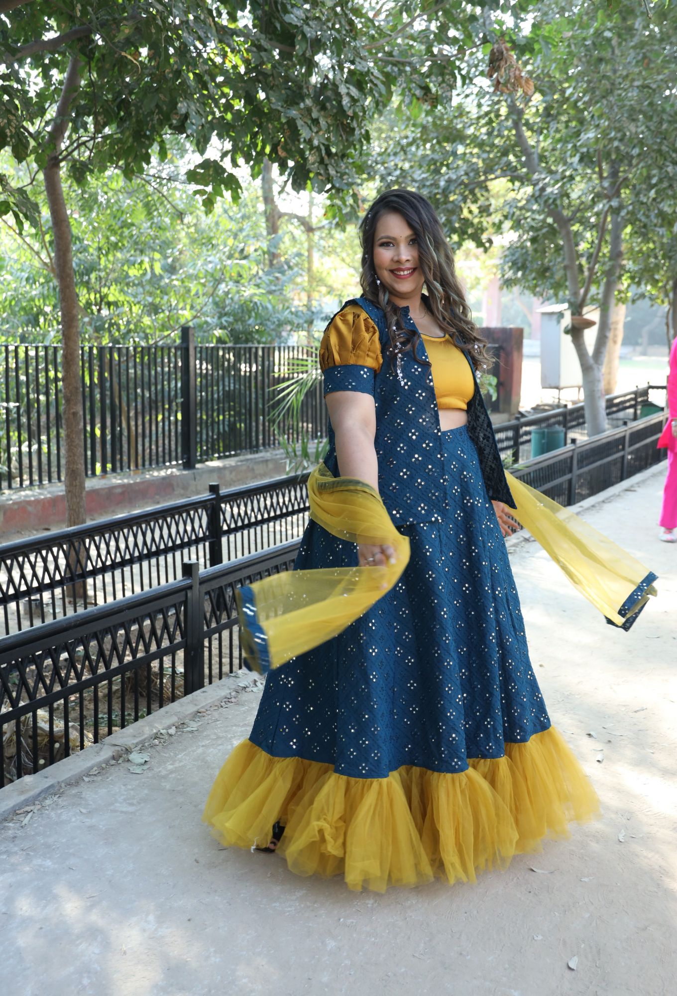Mustard and Teal Mirror Work Lehenga Set