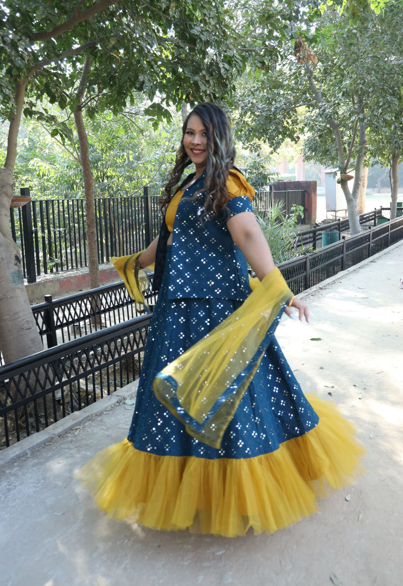 Mustard and Teal Mirror Work Lehenga Set