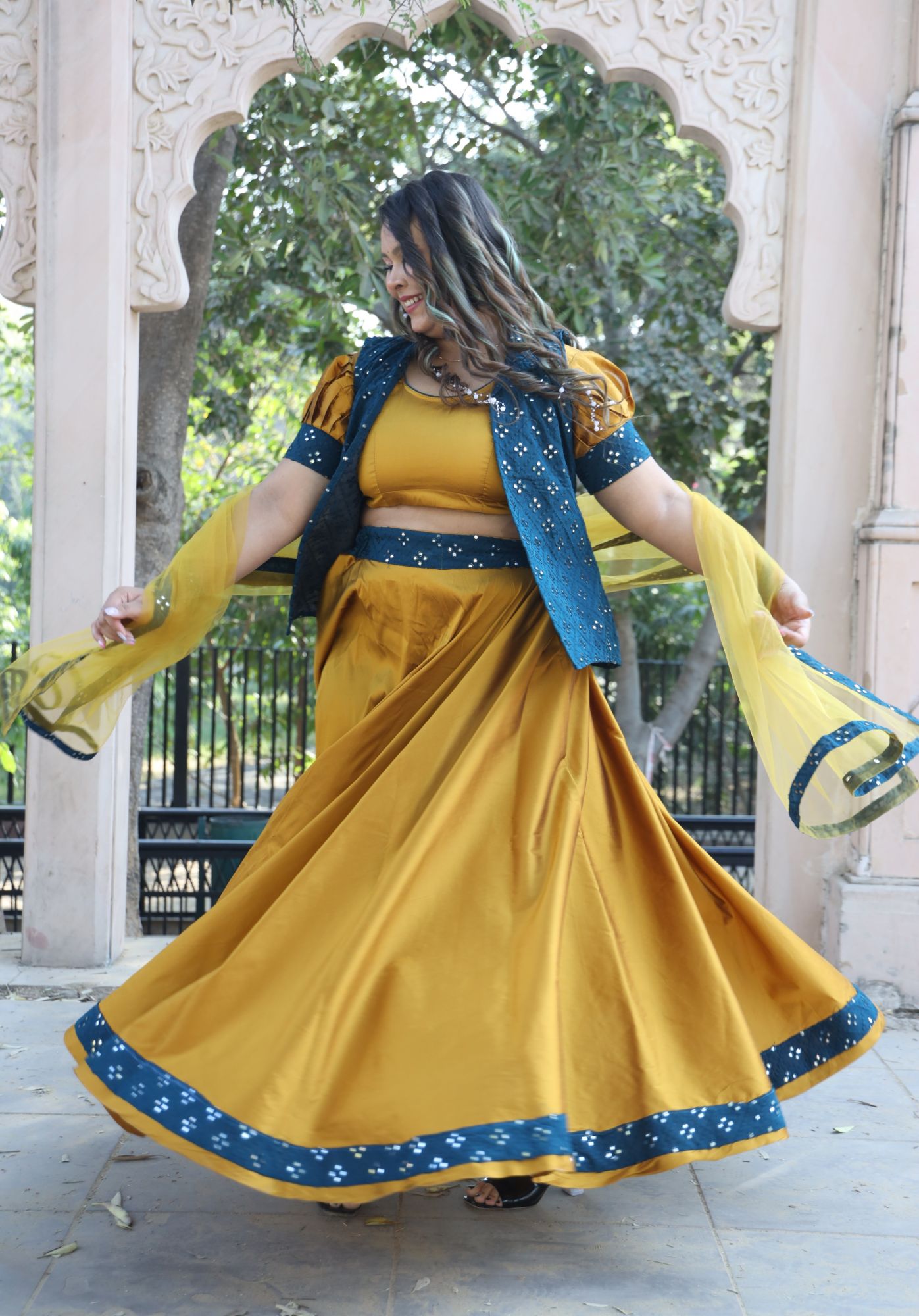 Mustard Mirror Work Lehenga Set