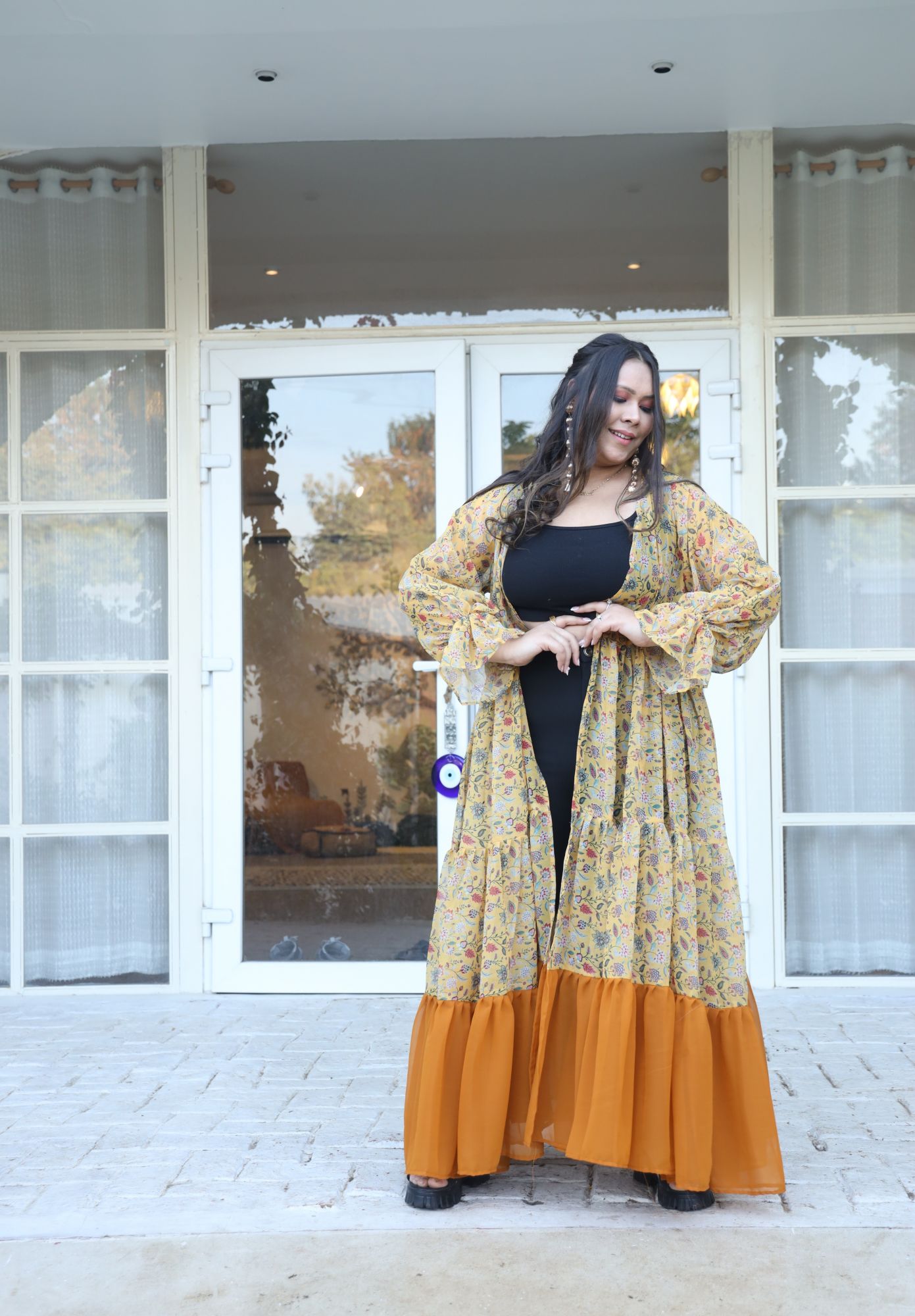 Yellow Floral Printed Georgette Flared Shrug