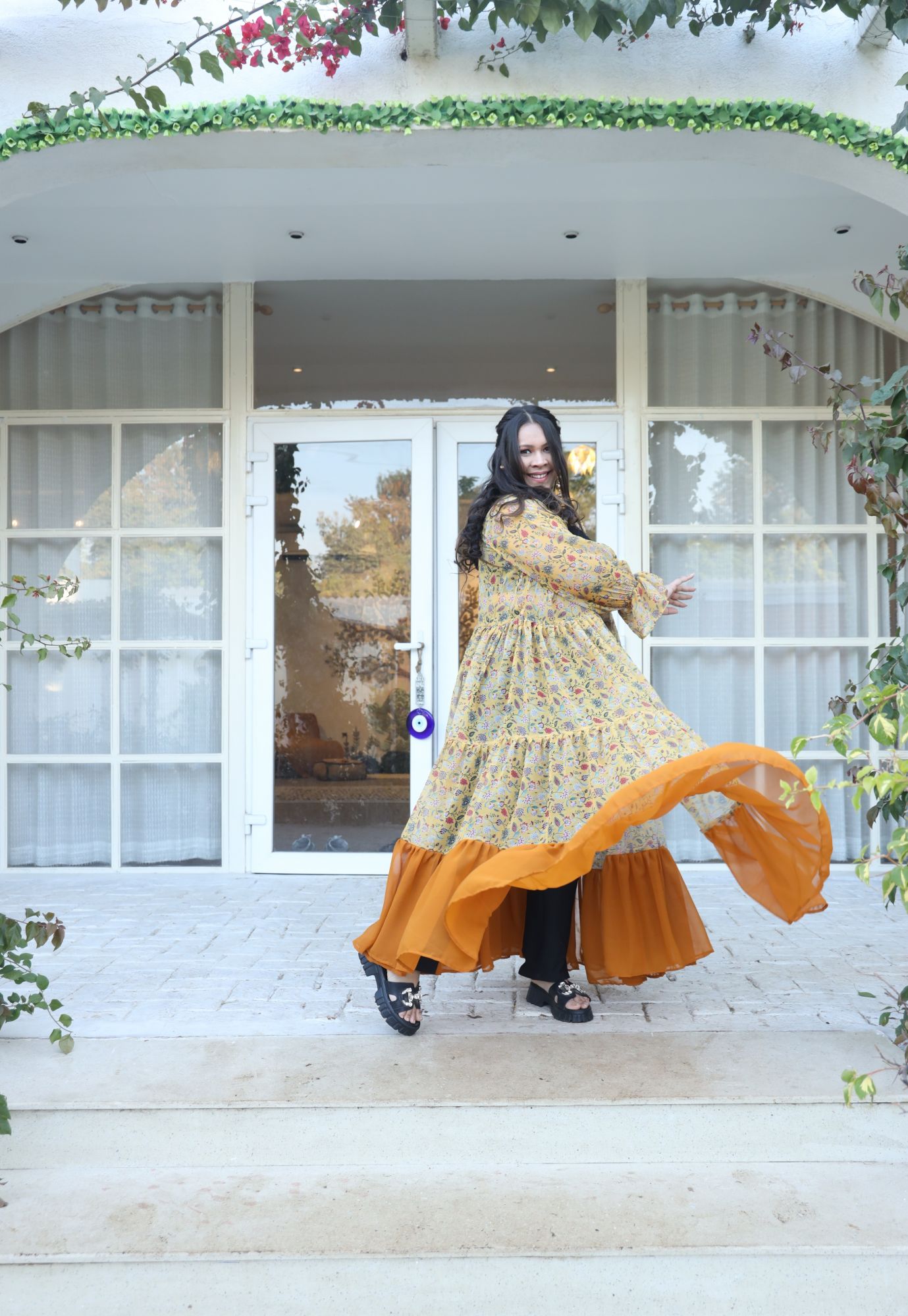 Yellow Floral Printed Georgette Flared Shrug