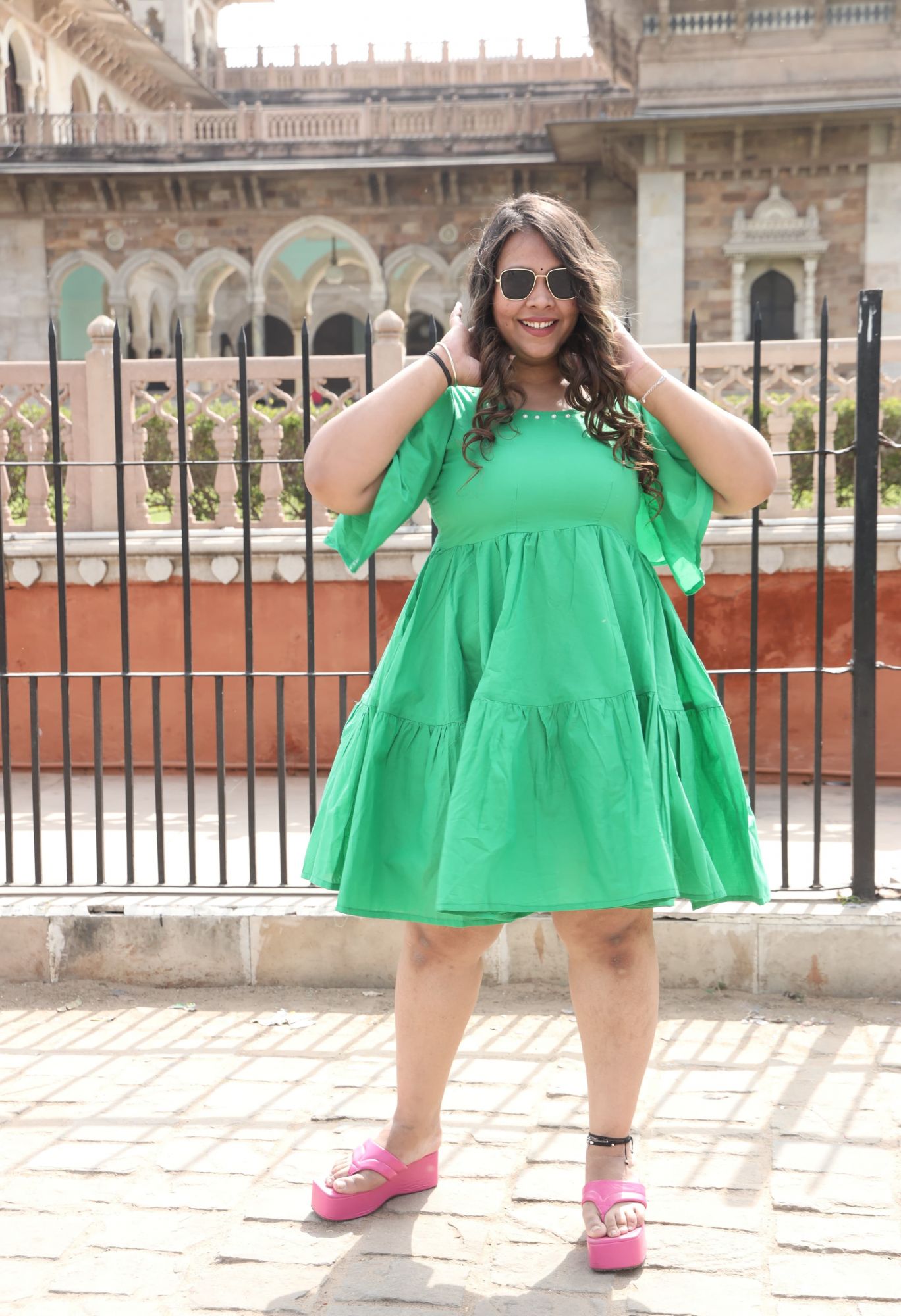 Parrot Green Cotton Tiered Dress
