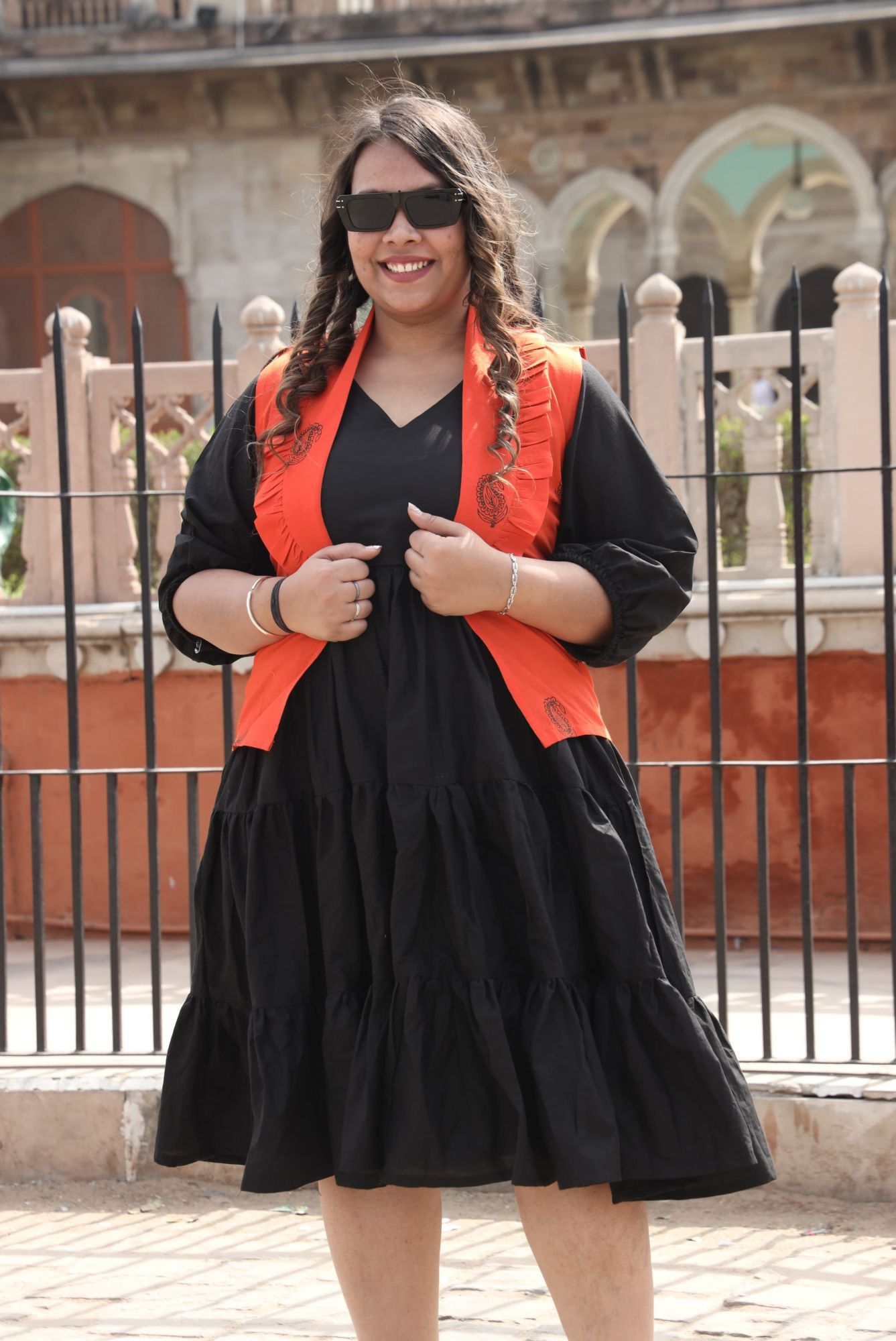 Mystic Black Dress With Orange Block Printed Jacket