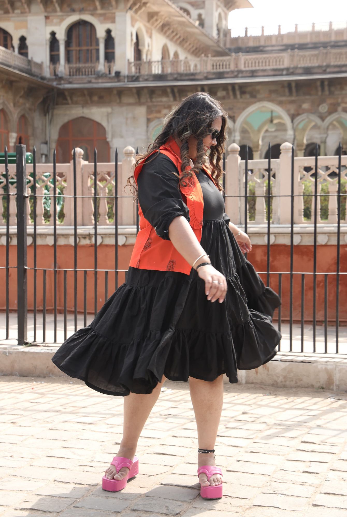 Mystic Black Dress With Orange Block Printed Jacket