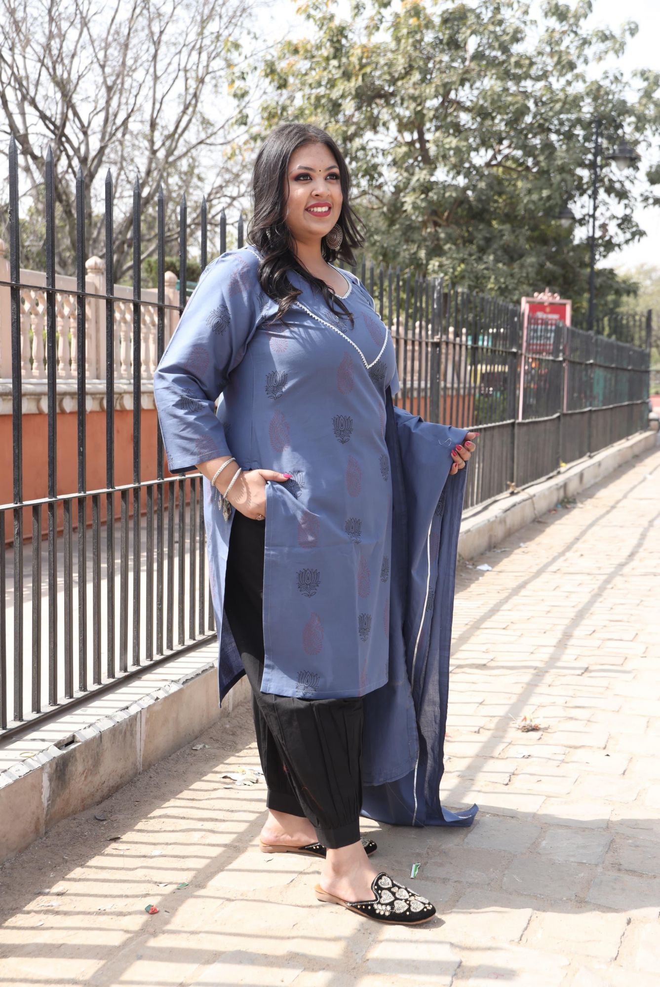 Greyish Blue Handblock Suit Set