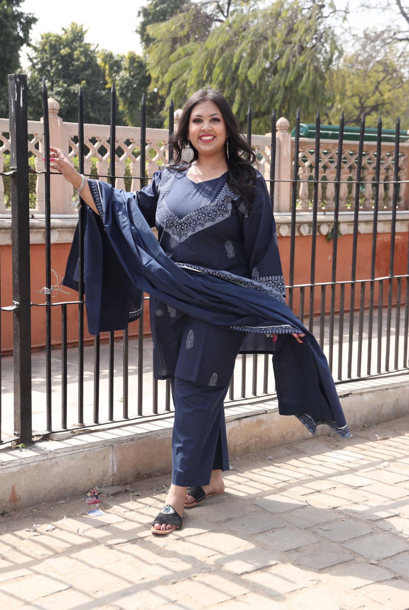 Navy Blue Handblock Suit Set