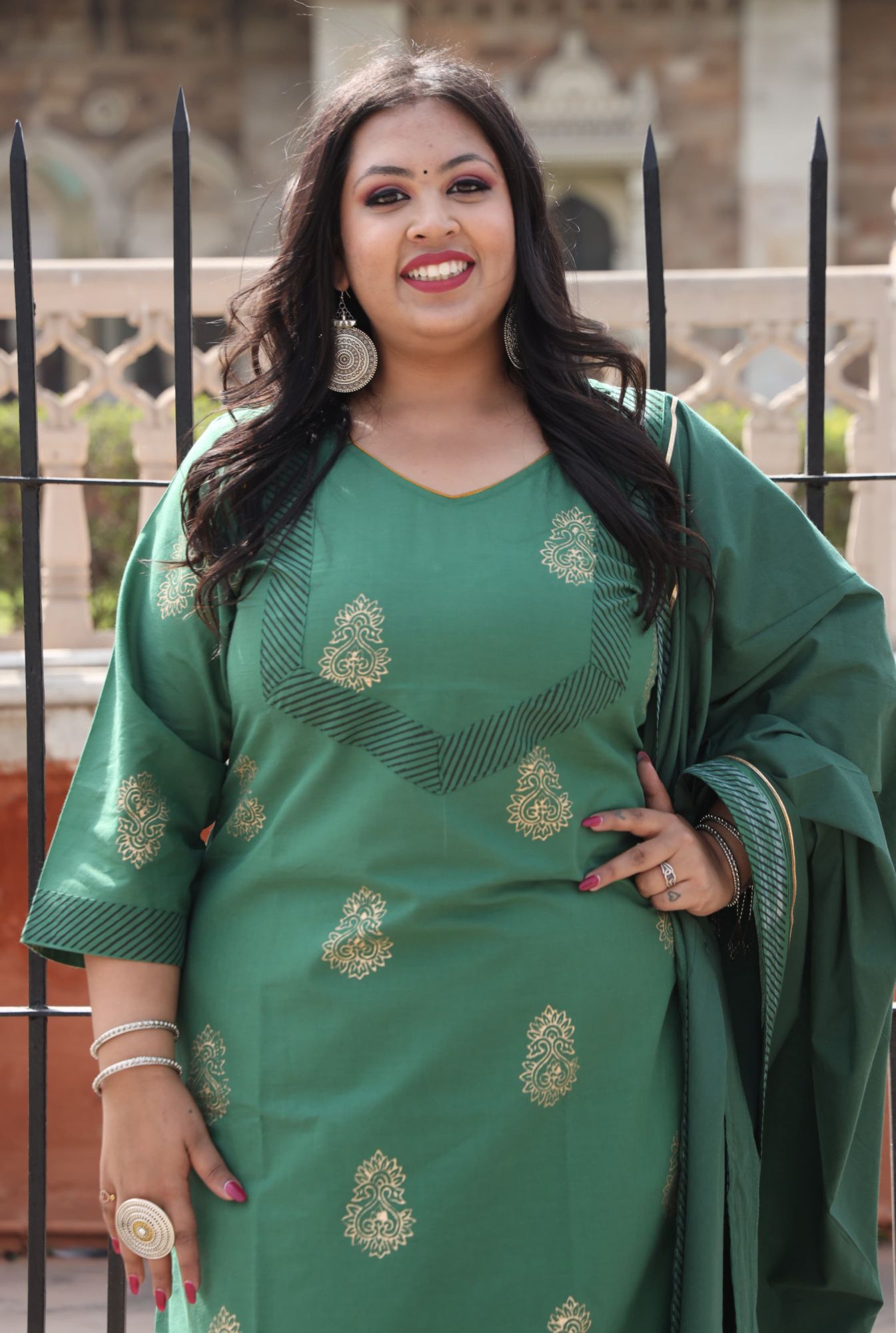 Bottle Green Handblock Suit Set