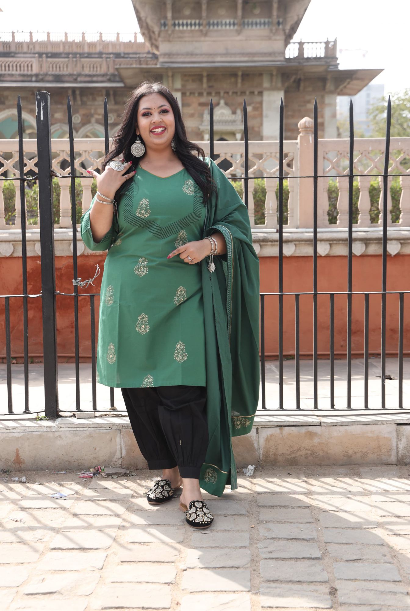 Bottle Green Handblock Suit Set