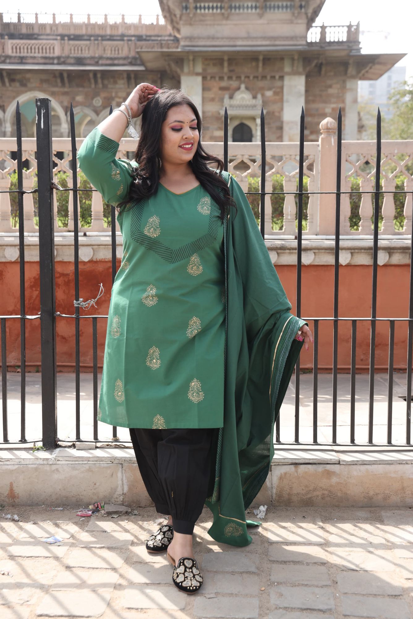 Bottle Green Handblock Suit Set