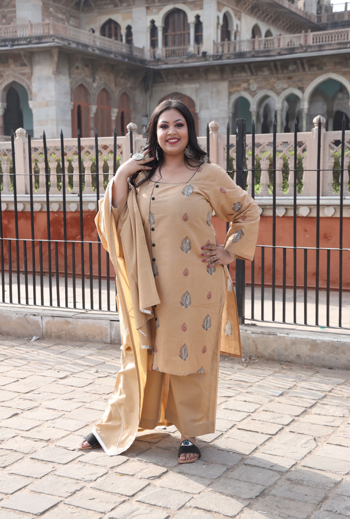 Beige Handblock Suit Set