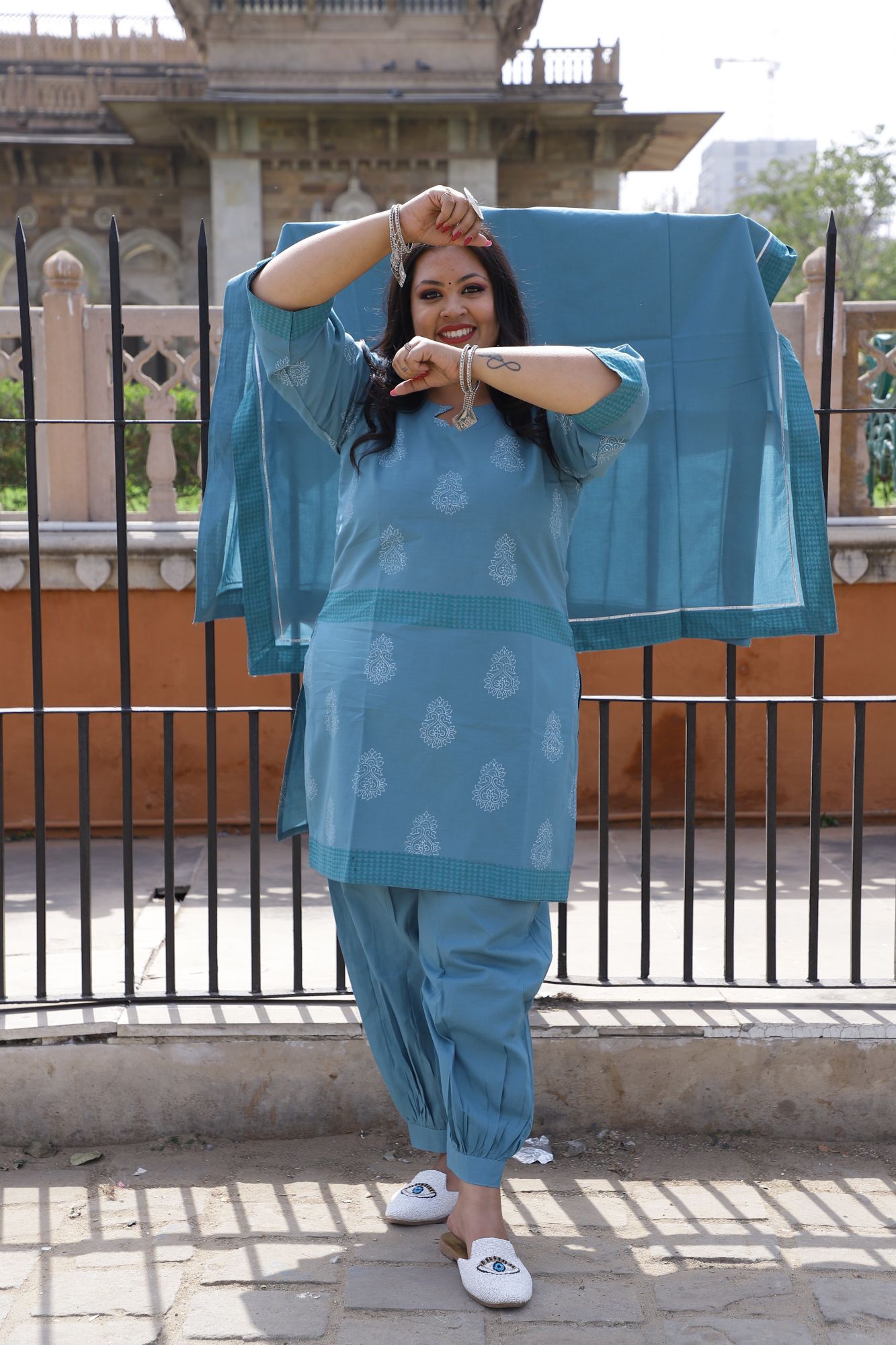Teal blue Handblock Suit Set