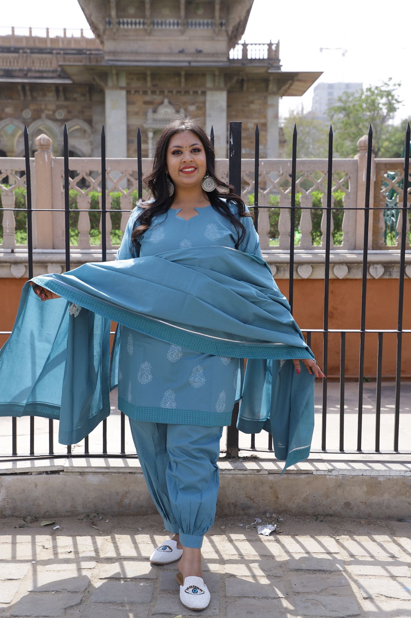 Teal blue Handblock Suit Set