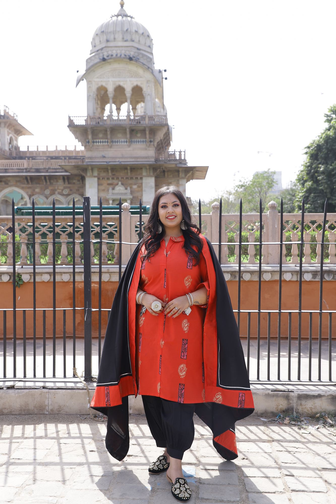 Reddish Orange And Black Handblock Suit Set