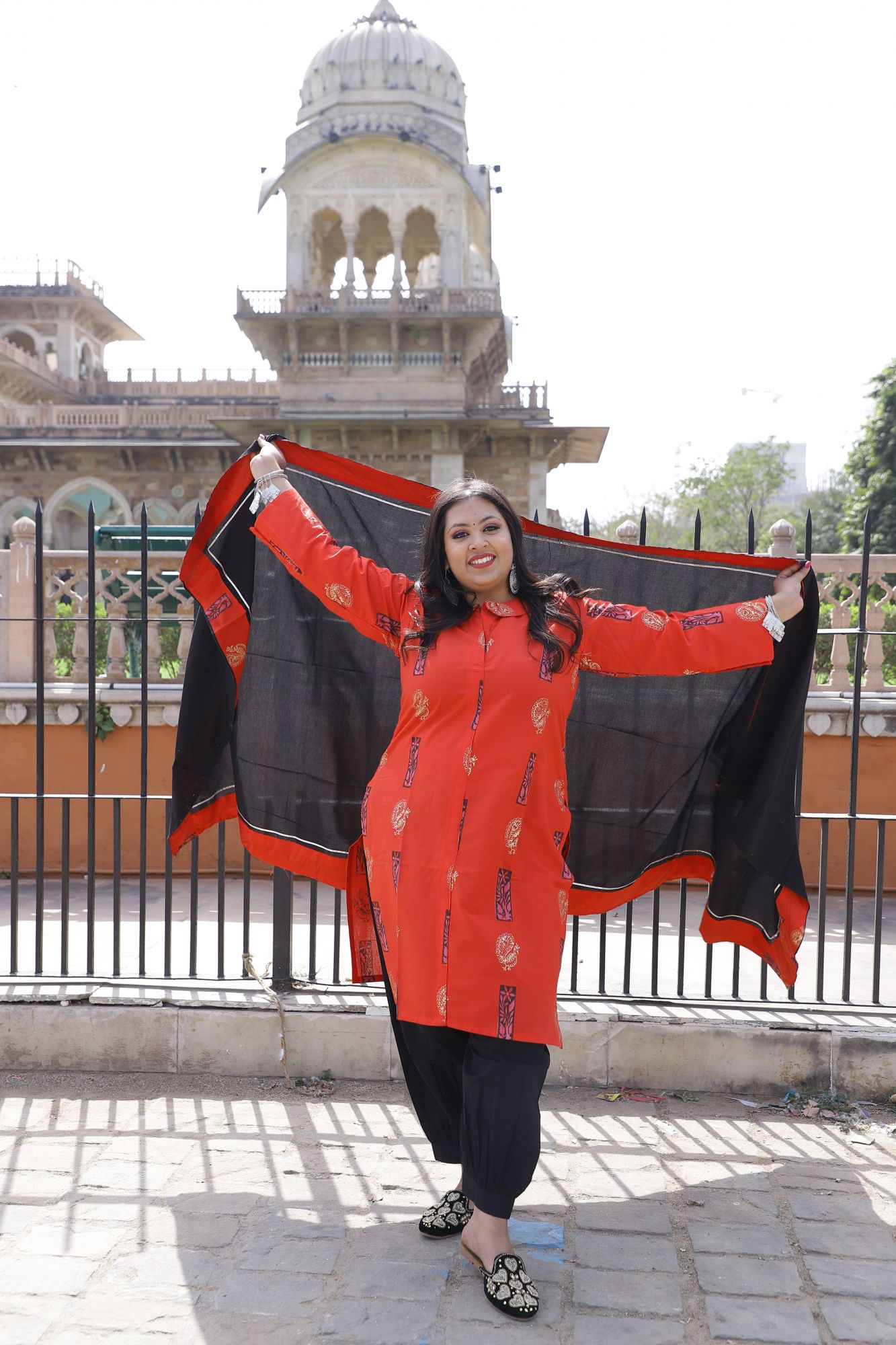 Reddish Orange And Black Handblock Suit Set