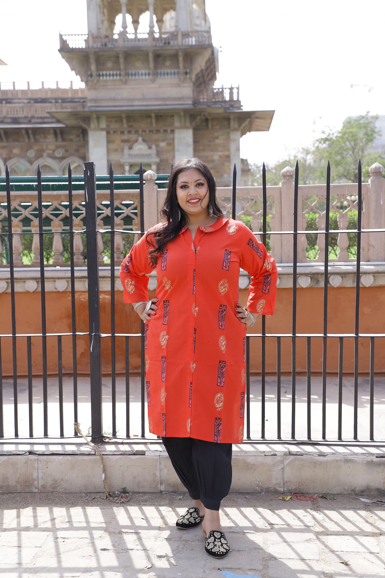 Reddish Orange And Black Handblock Suit Set