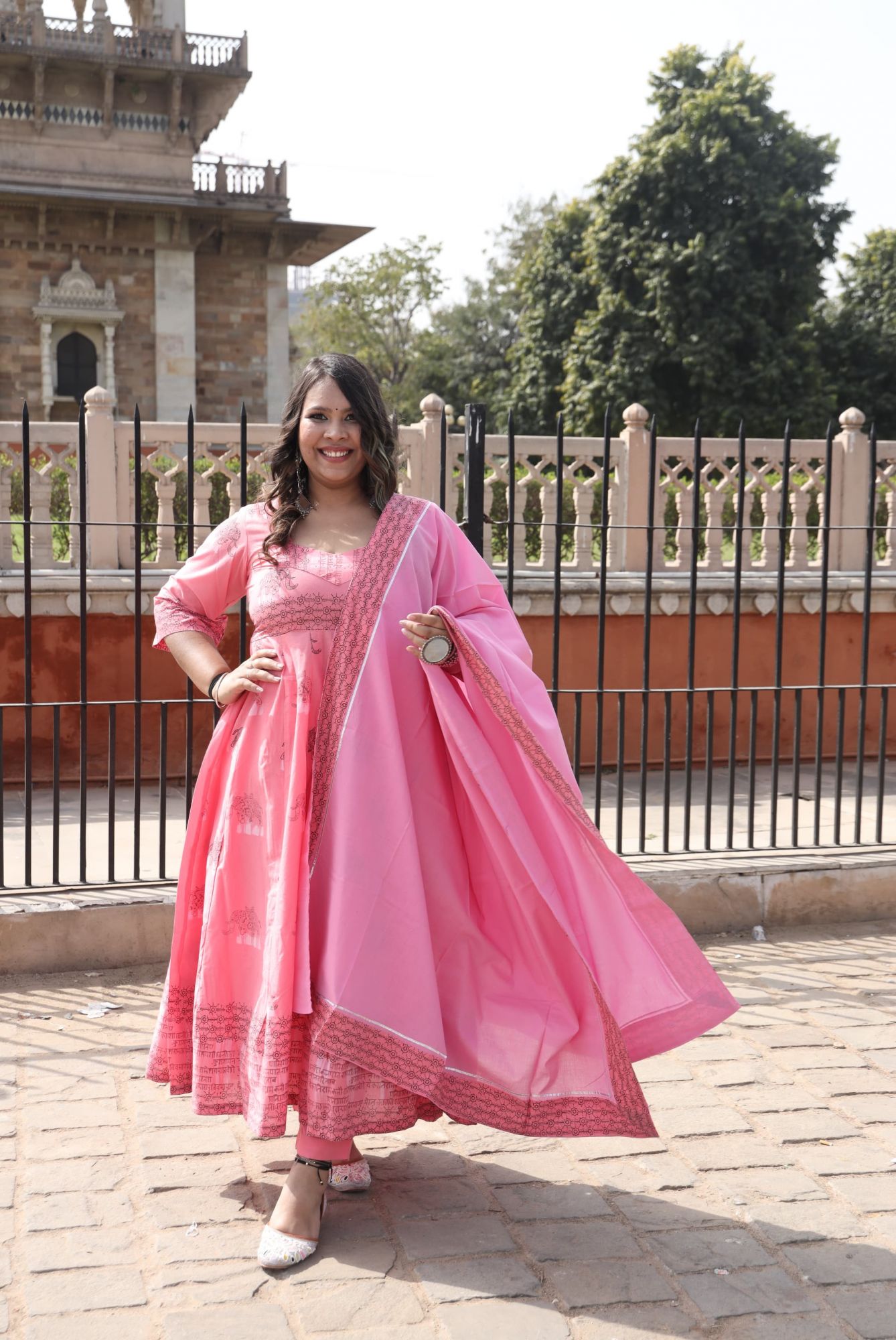 Baby Pink Handblock Anarkali Set