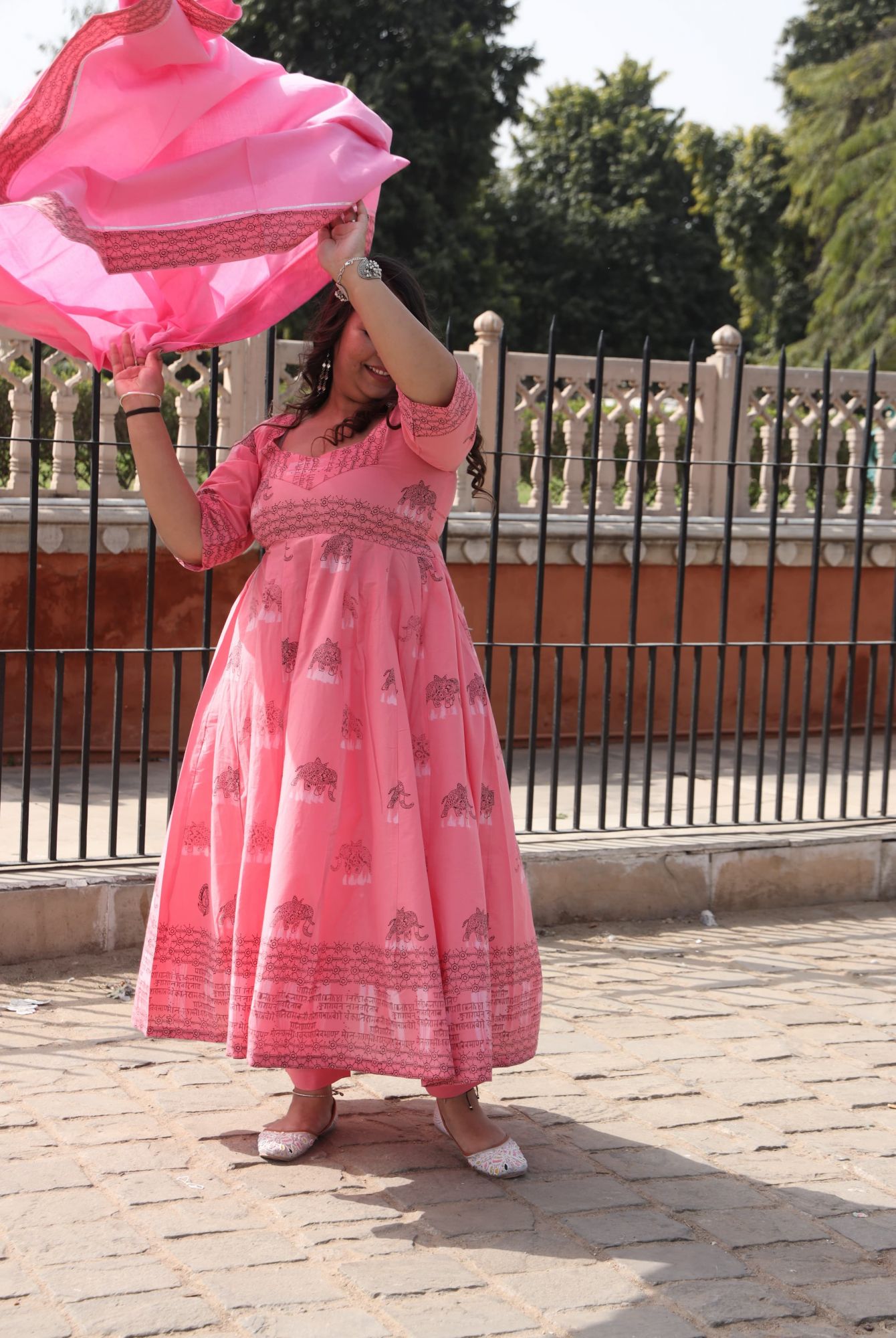 Baby Pink Handblock Anarkali Set
