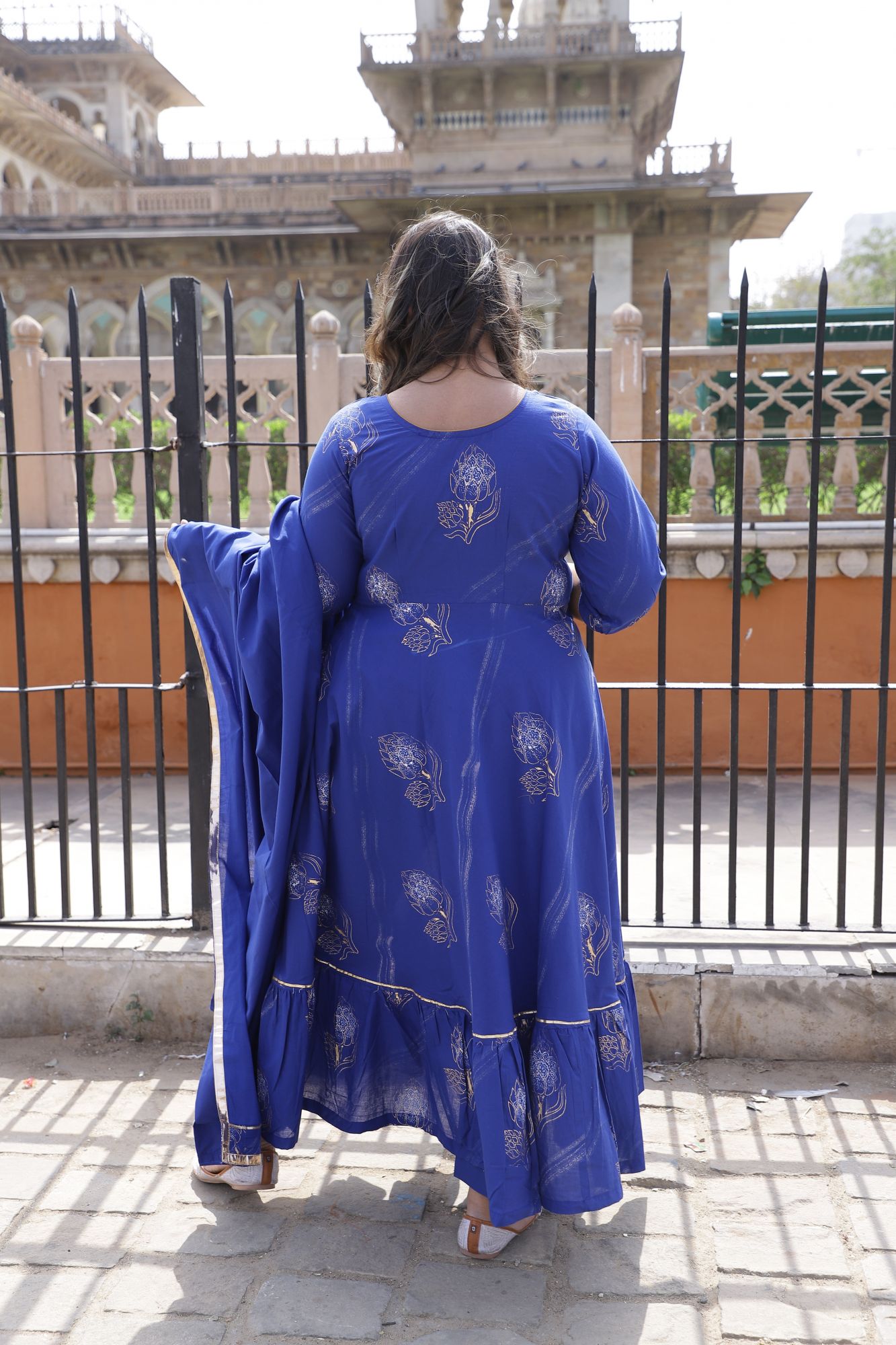 Royal Blue Handblock Anarkali Set