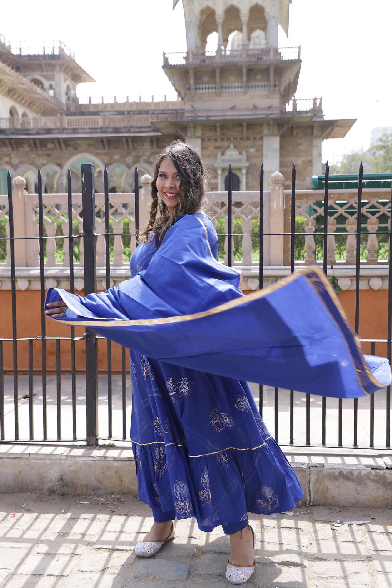 Royal Blue Handblock Anarkali Set