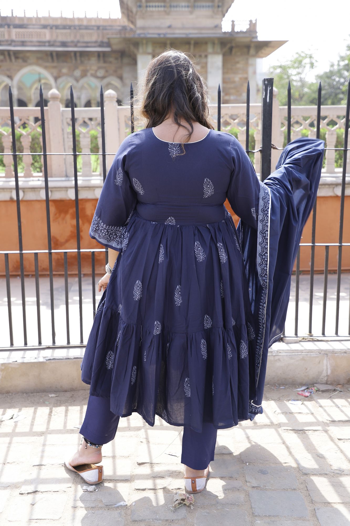 Navy Blue Handblock Anarkali Set