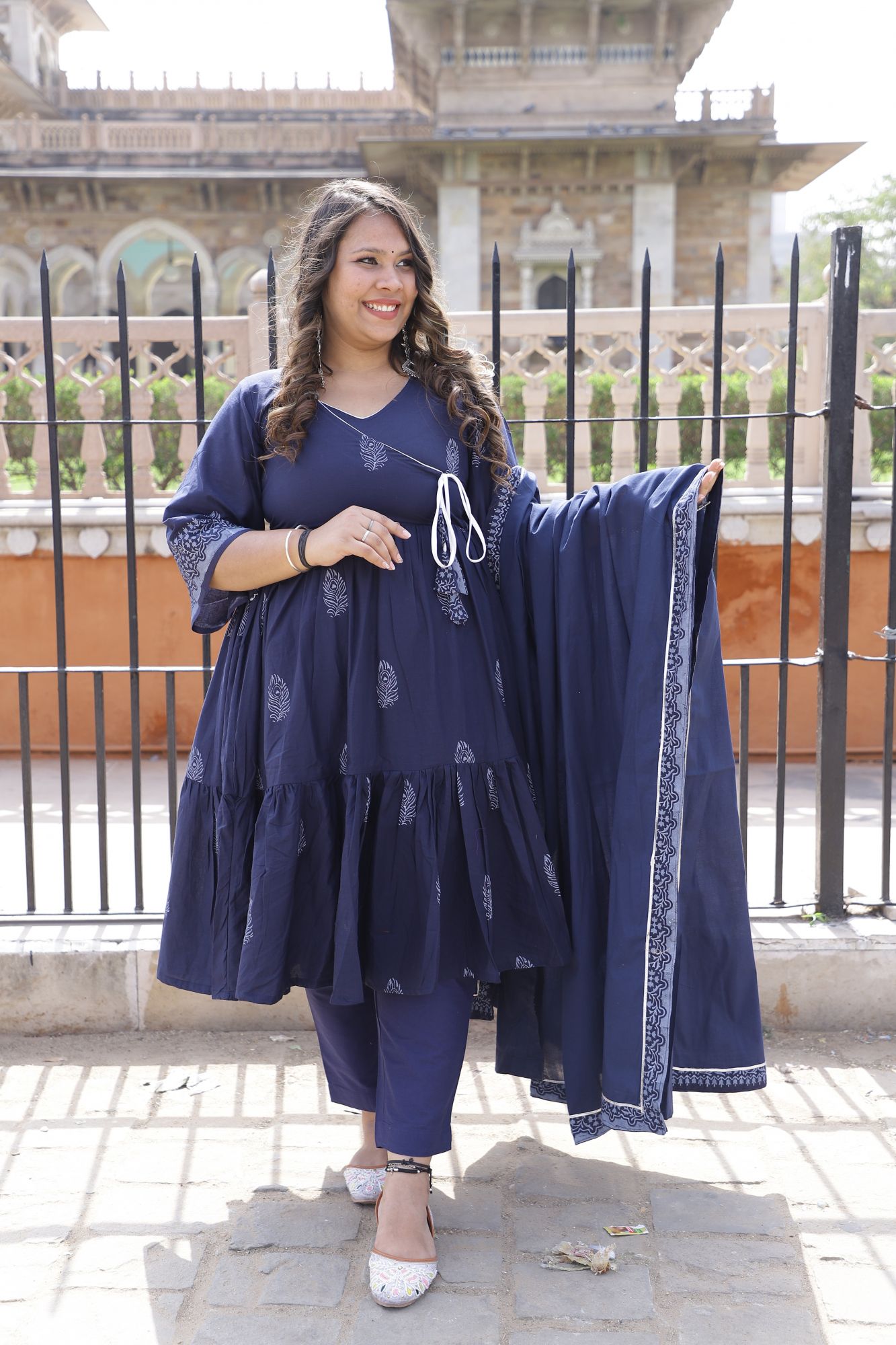 Navy Blue Handblock Anarkali Set