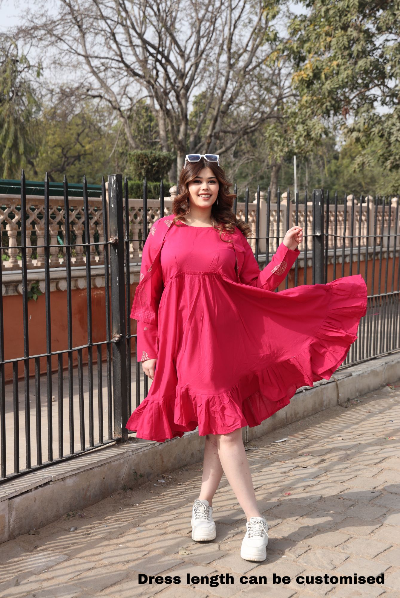 Hot Pink Dress With Handblock Jacket