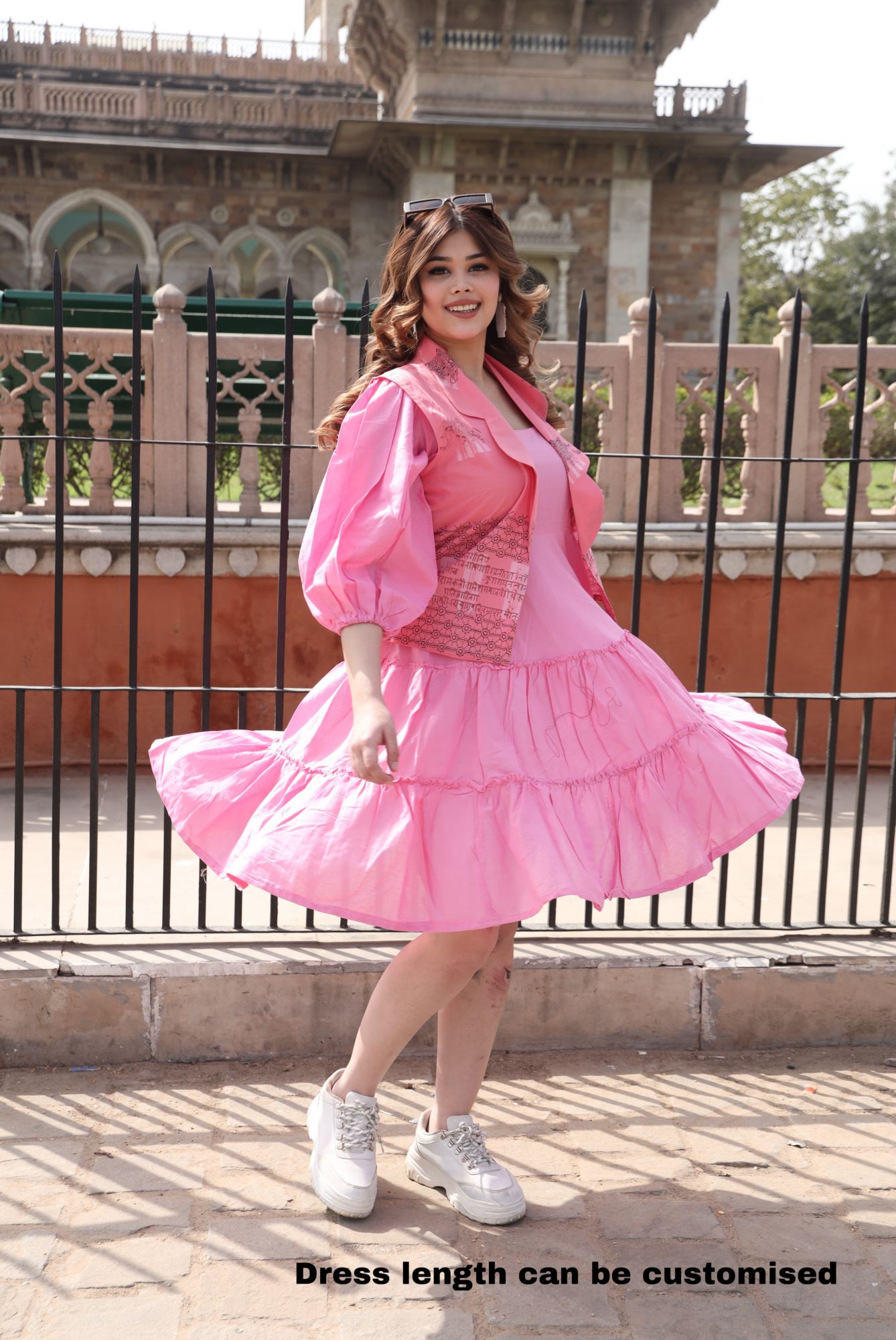 Baby Pink Dress With Handblock Jacket