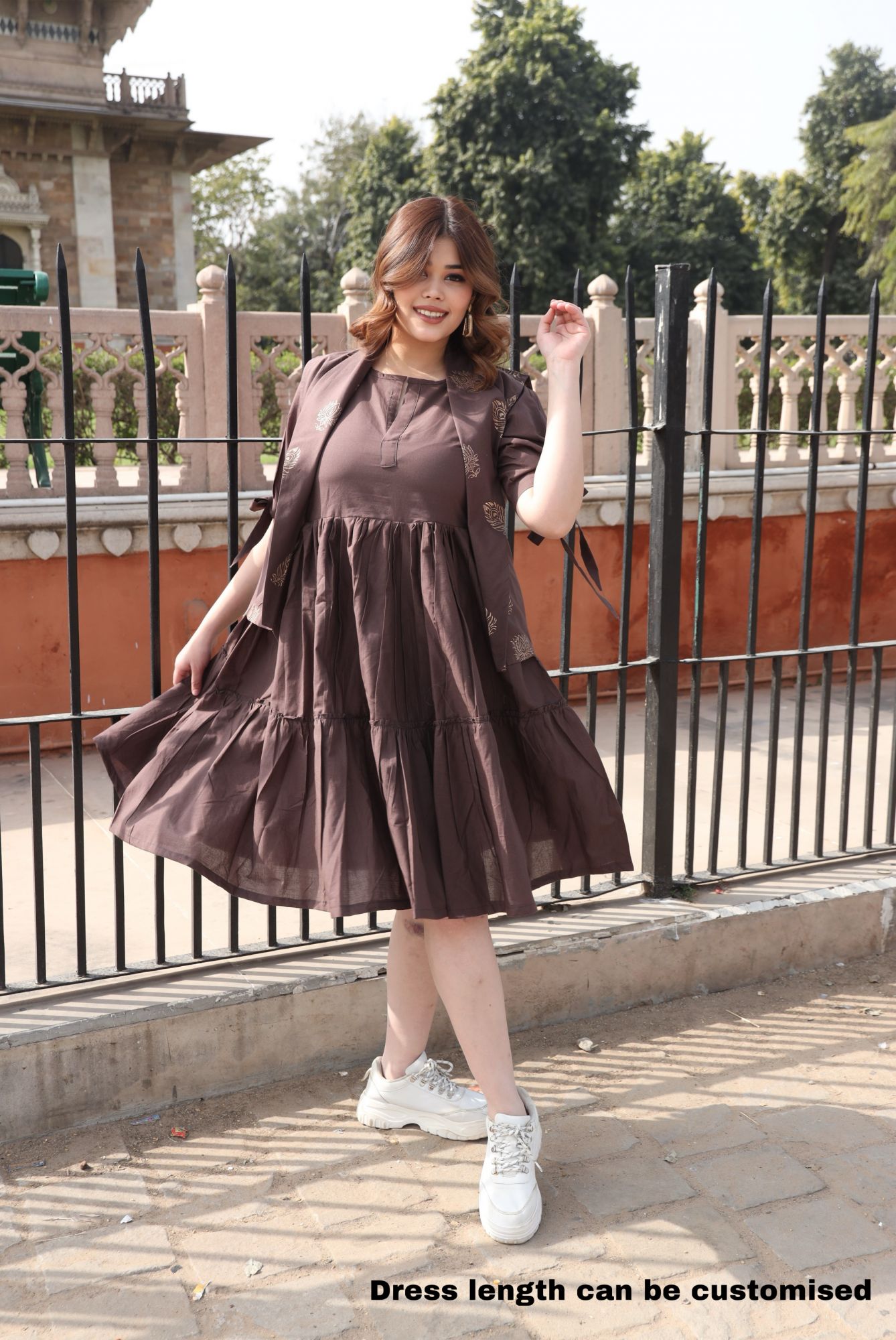 Coffee Dress With Handblock Jacket