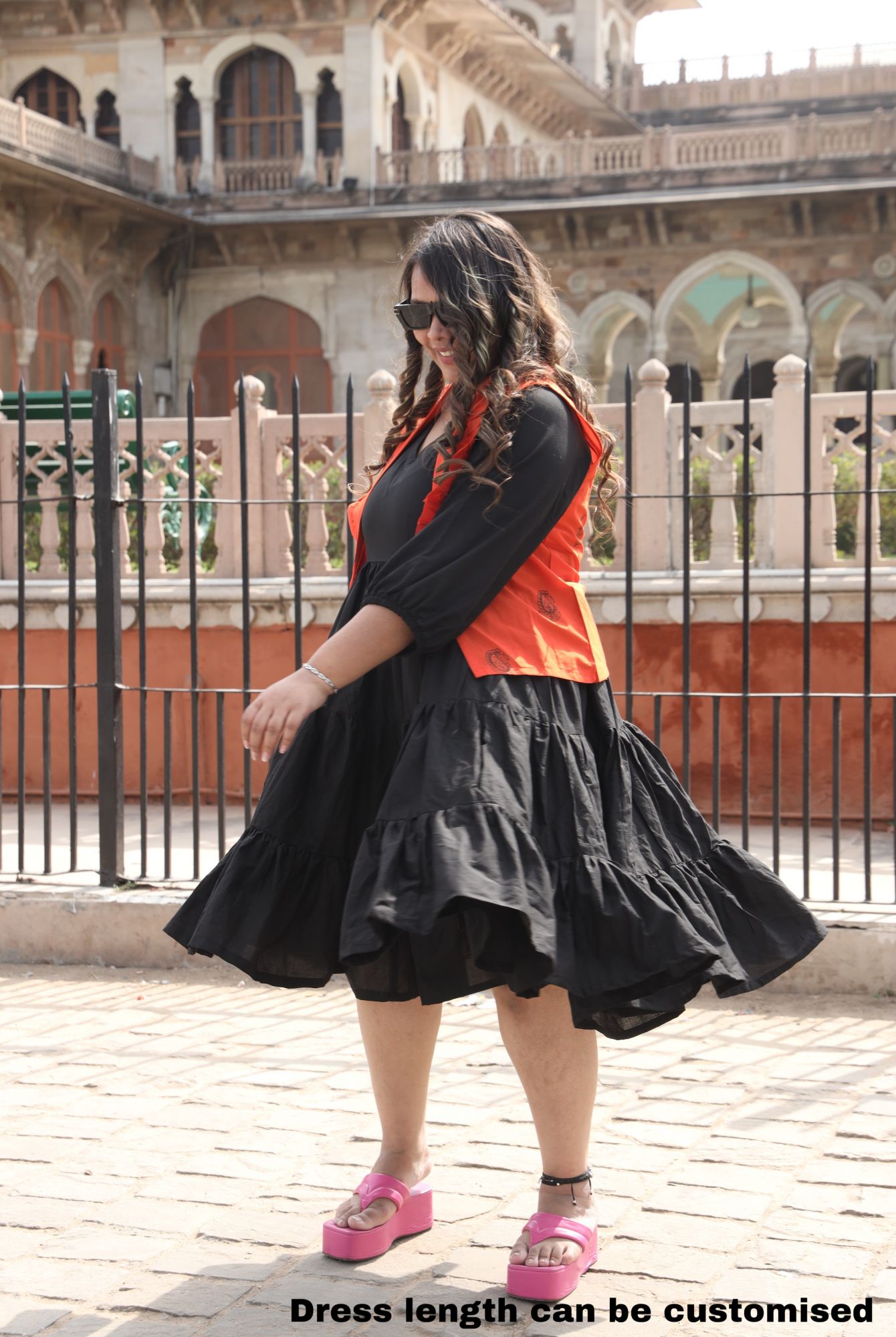 Mystic Black Dress With Orange Block Printed Jacket