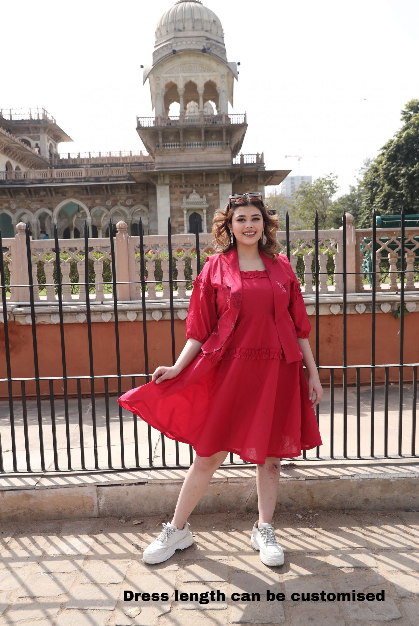 Cherry Red Dress With Handblock Jacket