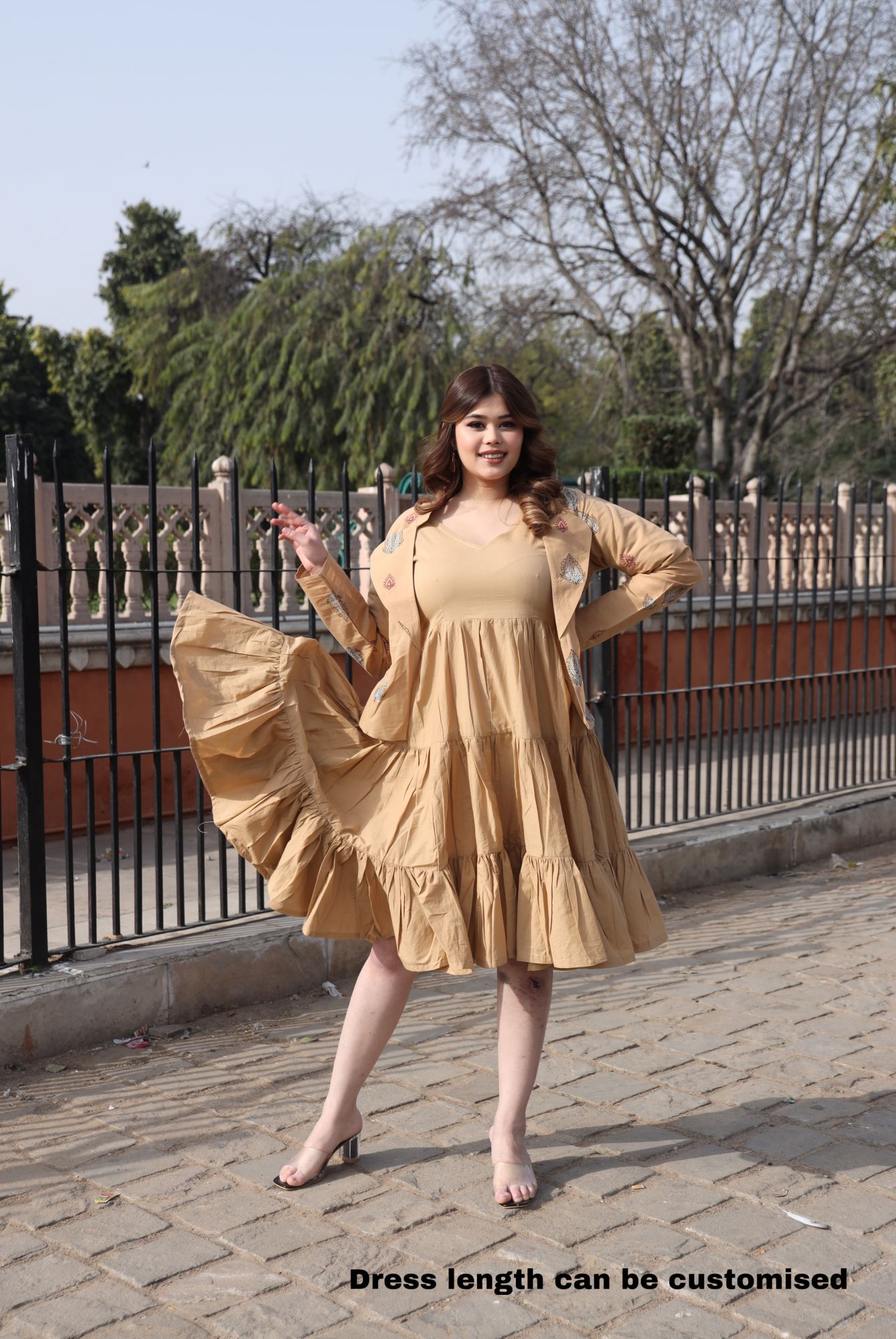 Beige Dress With Handblock Jacket