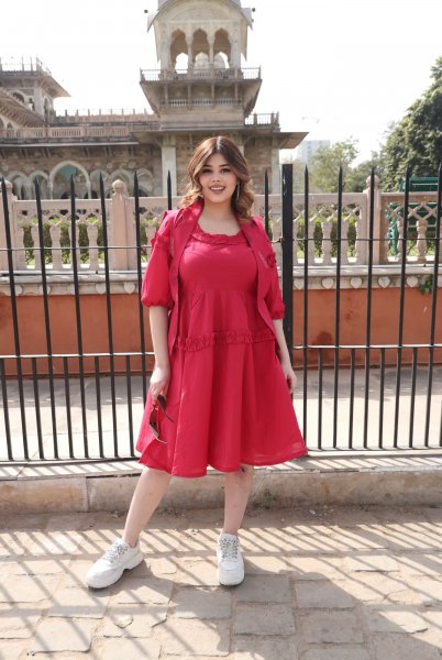 Cherry Red Dress With Handblock Jacket