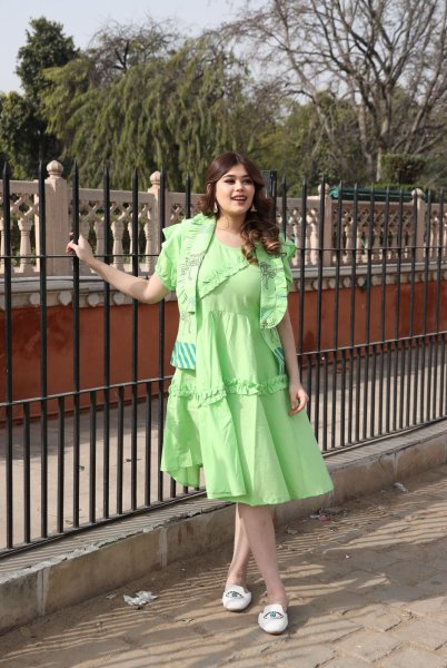 Parrot Dress With Handblock Jacket