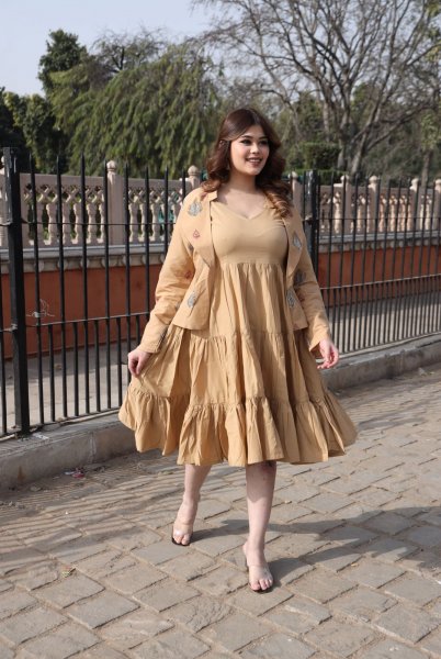Beige Dress With Handblock Jacket